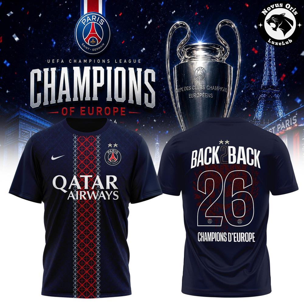 PSG Back 2 Back Champions Of Europe 2026 Football T-Shirt