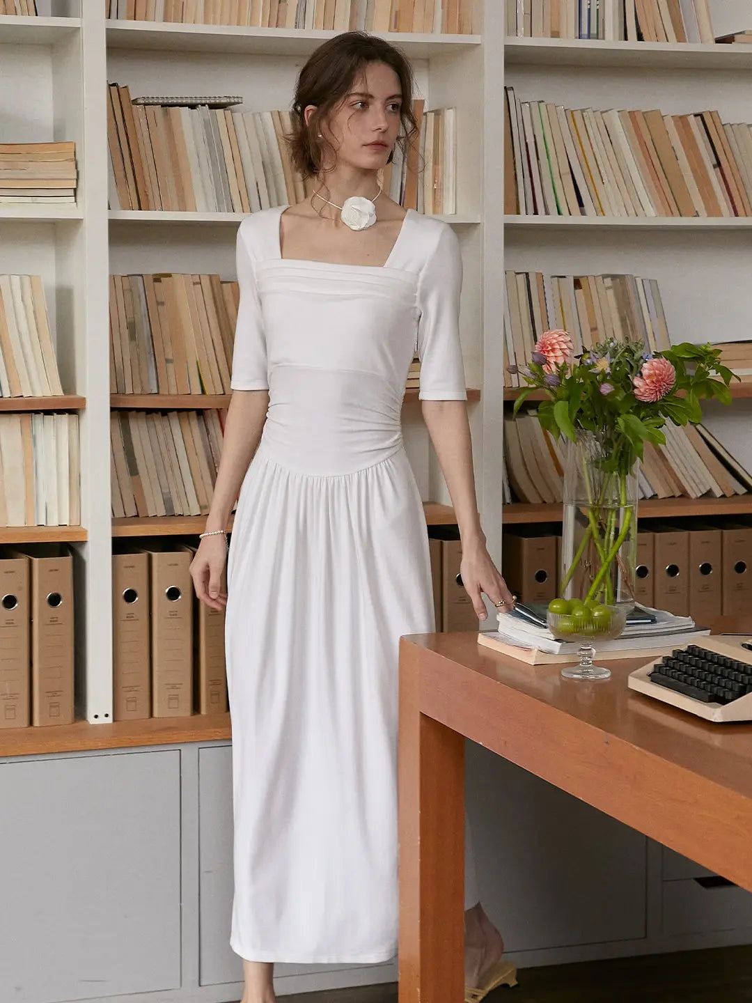 Pure Alabaster White Good Stylists Quantum Square Neck Short Sleeve Midi Gown