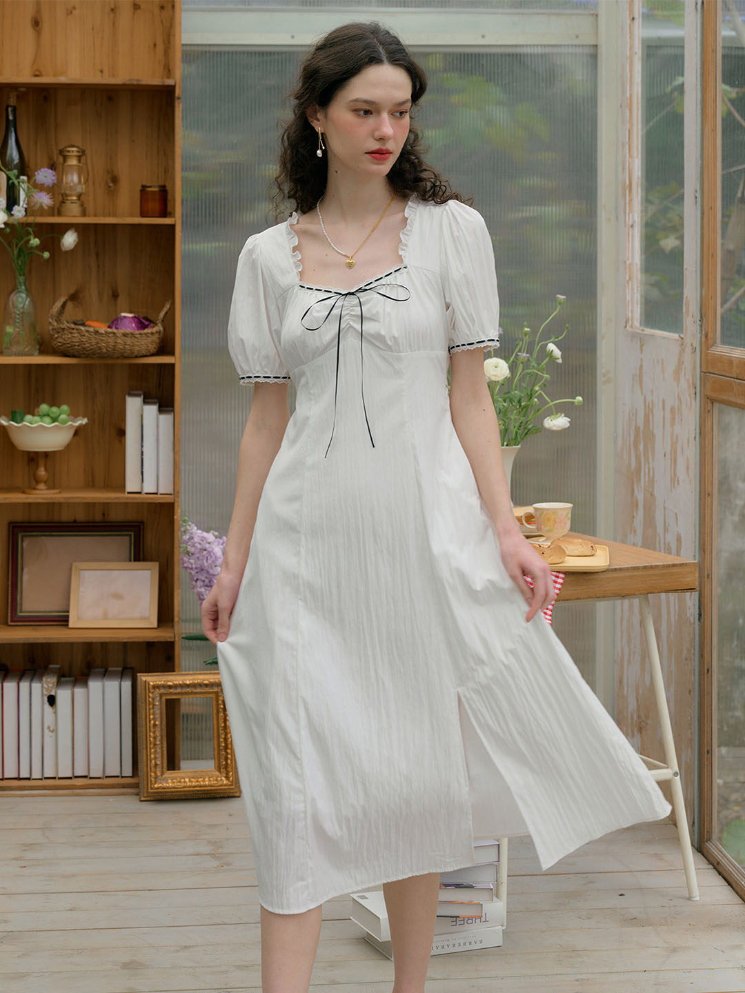 Pure White Ephemeral Square Neck Puff Sleeve Slit Midi Dress By Good Stylists