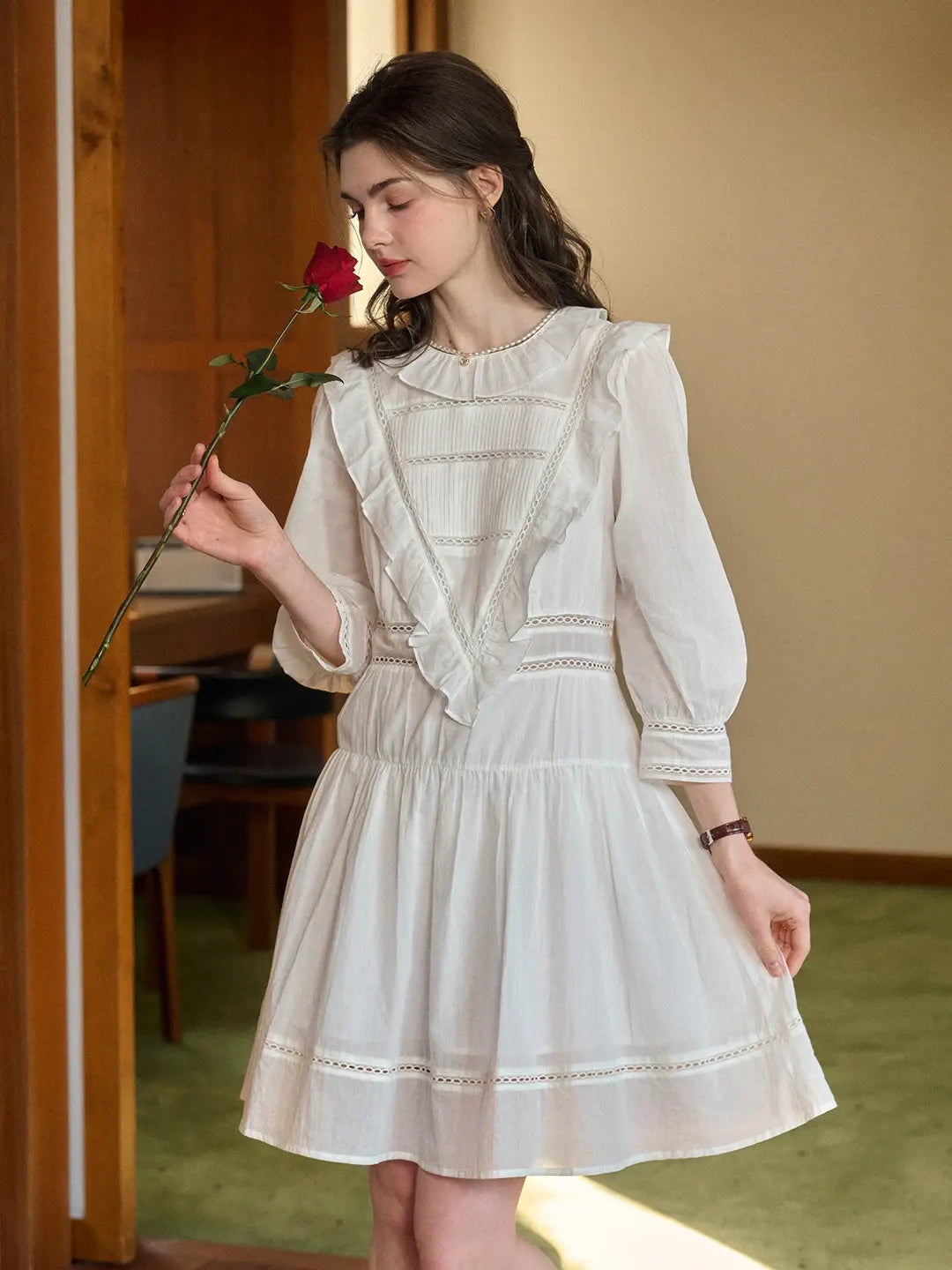 Pure White Gossamer Victorian Ruffle Lace Long Sleeve Mini Dress Good Stylists