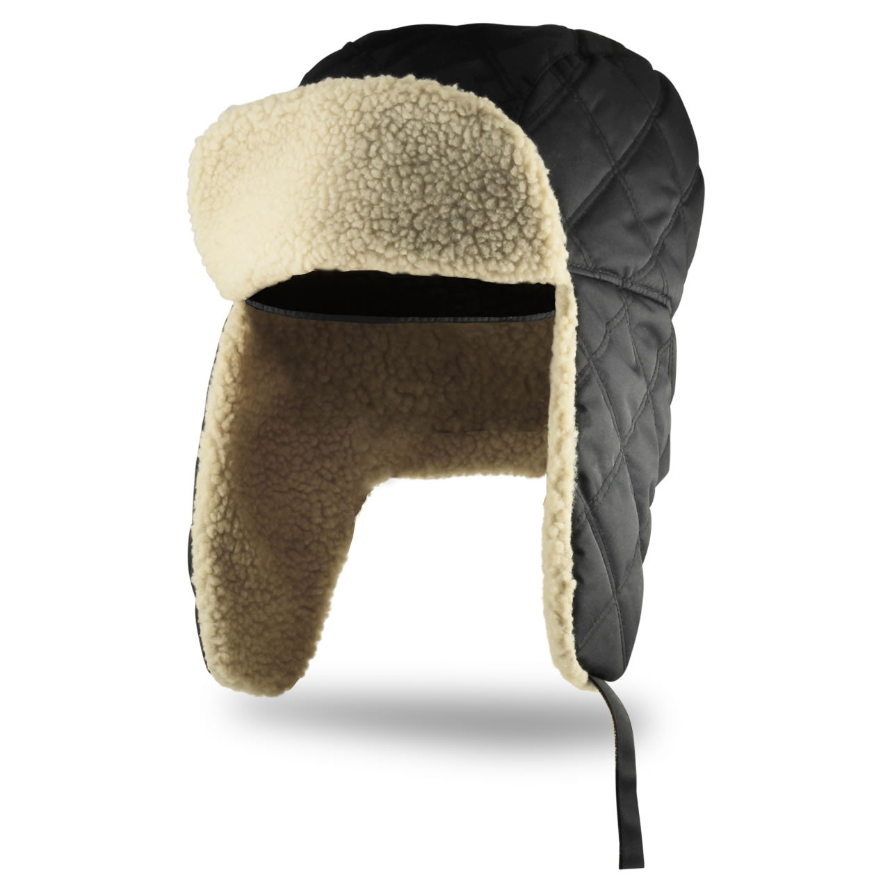 Quilted Style Trapper Hat for Big Heads Faux Fur Lining Black Gift for Dad