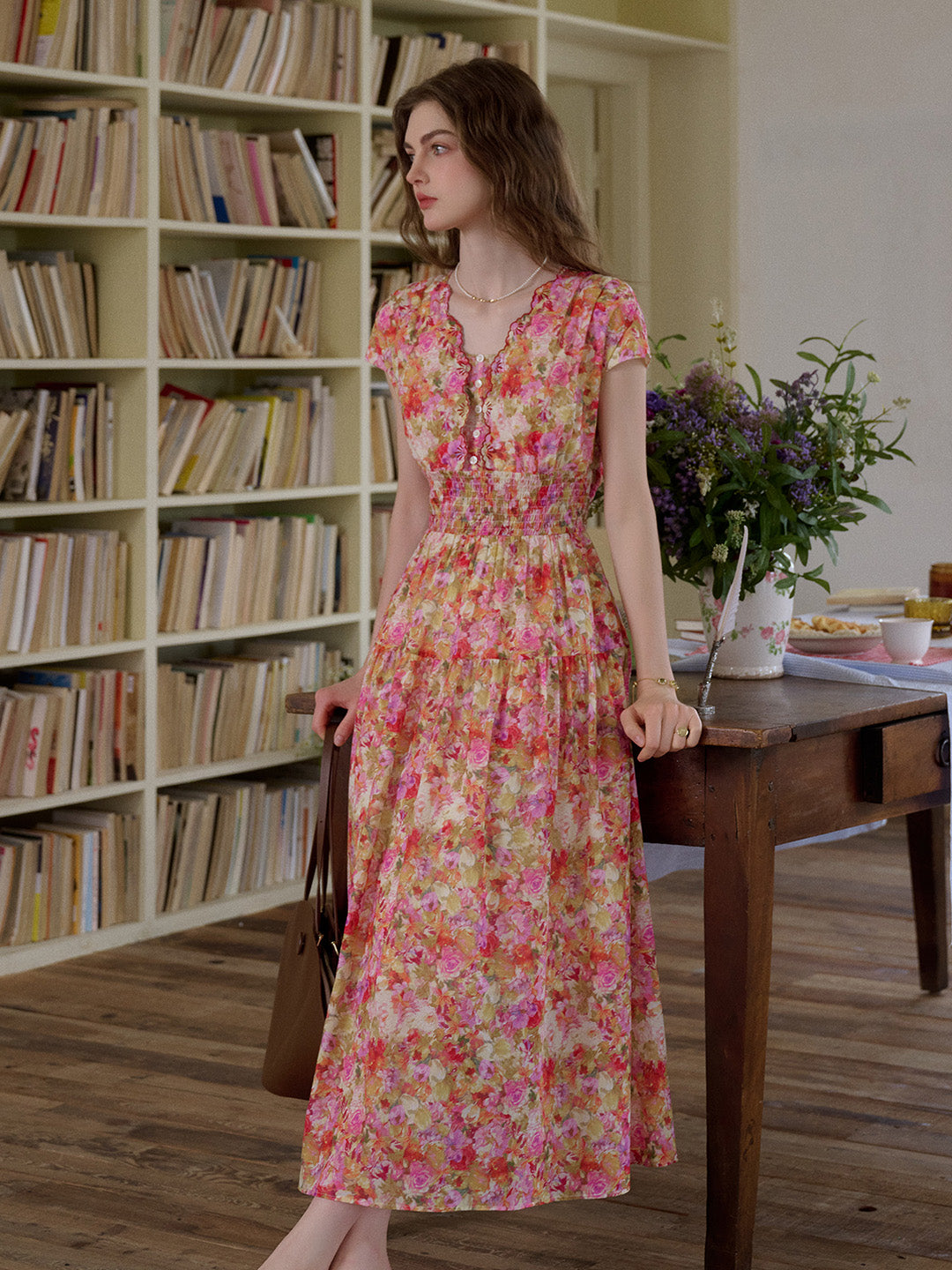 Quixotic Pink Red Floral Wavy Neck Short Sleeve Cotton Maxi Dress Good Stylists