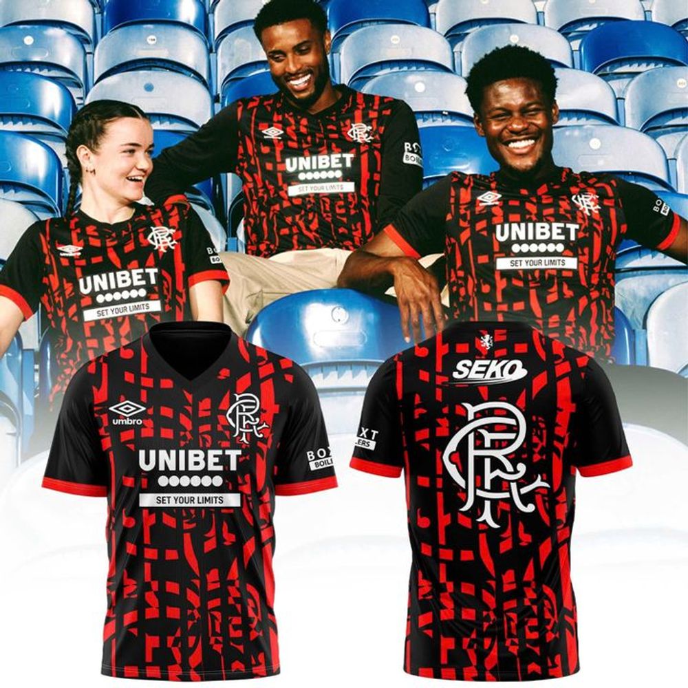 Rangers FC Unisex Red and Black Third Soccer T-Football Shirt with Back Crest