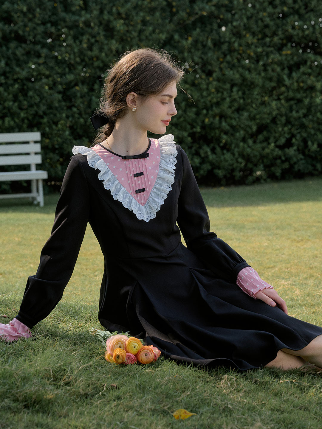 Raven High Neck Long Sleeve Gown with Pink Lace Good Stylists Noodle
