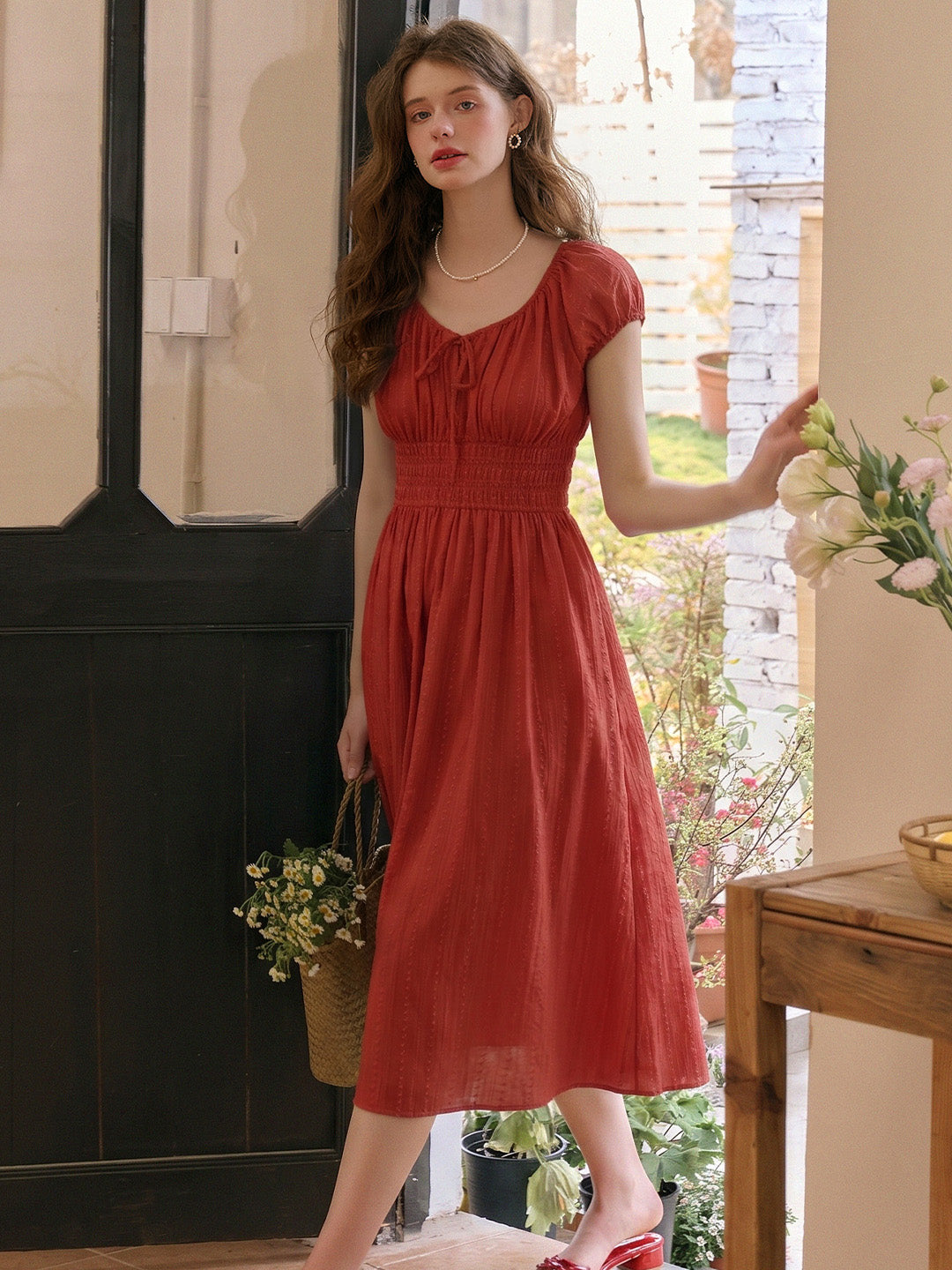Round Neck Ruched Waist Puff Sleeve Cotton Midi Dress Good Stylists Vellichor Red
