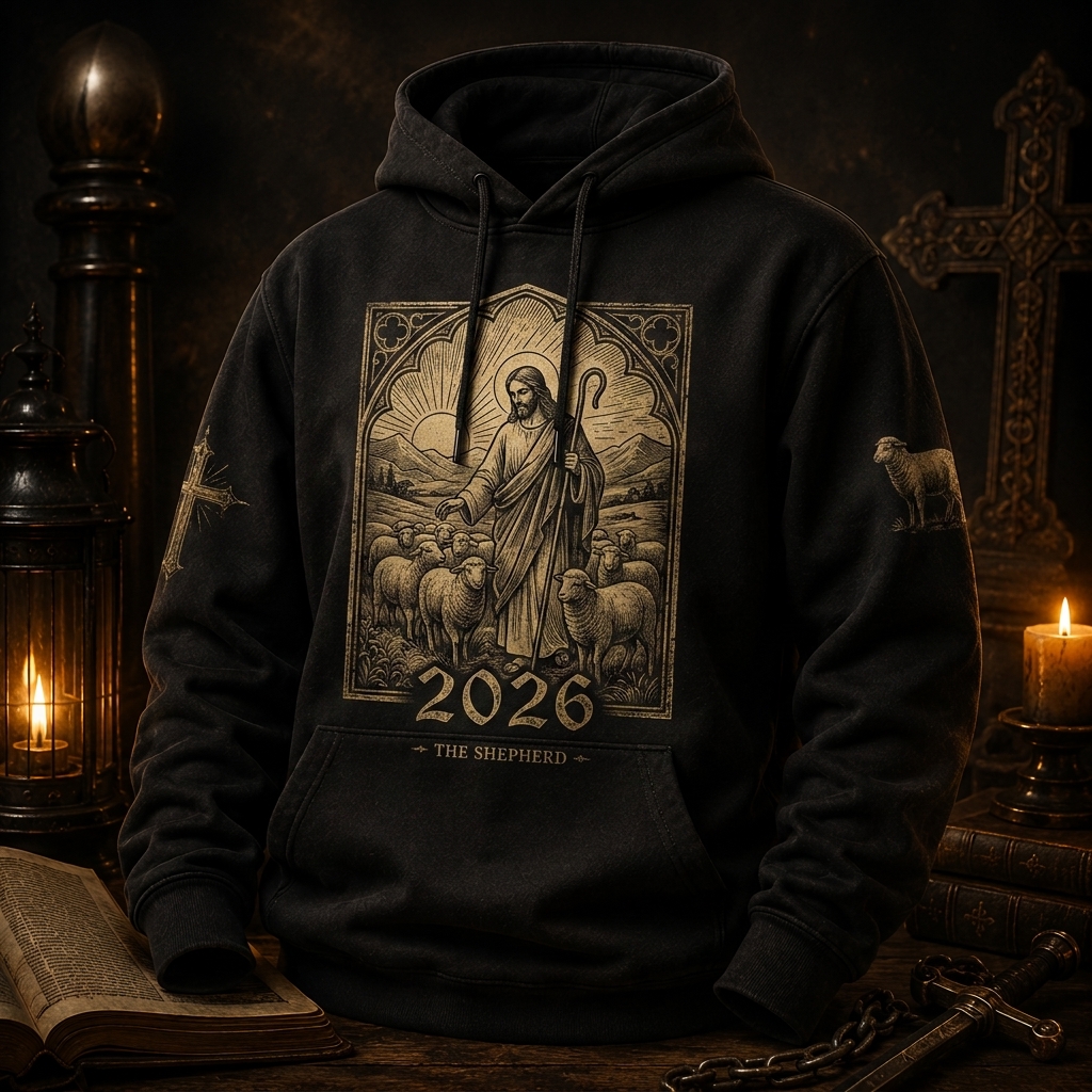 Rustic Good Shepherd Medieval Engraving Christian Hoodie 2026 Psalm 23 Vintage Supporter Clothing