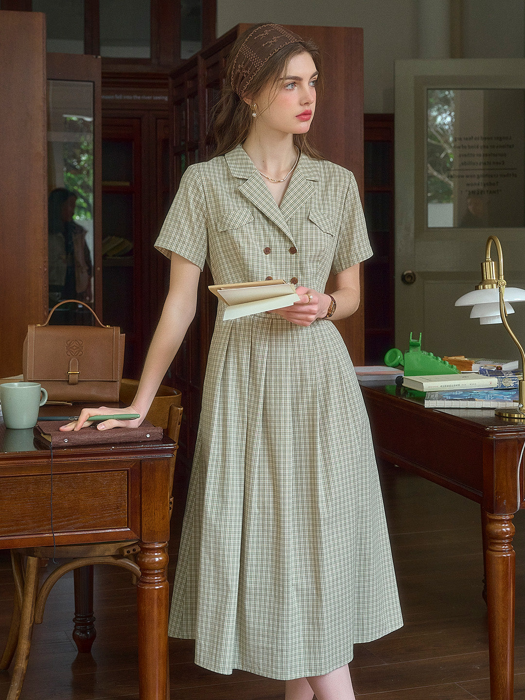 Sage Green Phantasm Gingham Plaid Lapel Collar Button Front Dress Good Stylists