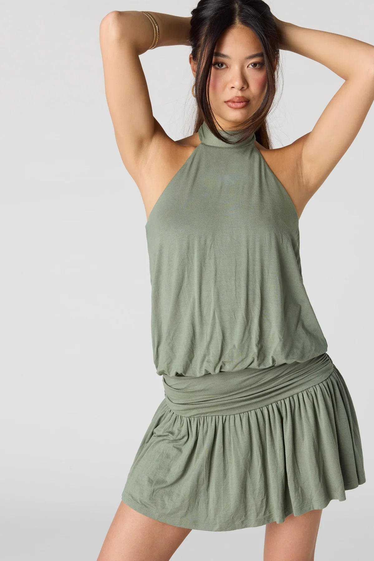 Sage Green Velmira Teeyoulove Halter Neck Drop Waist Flowy Sleeveless Mini Dress