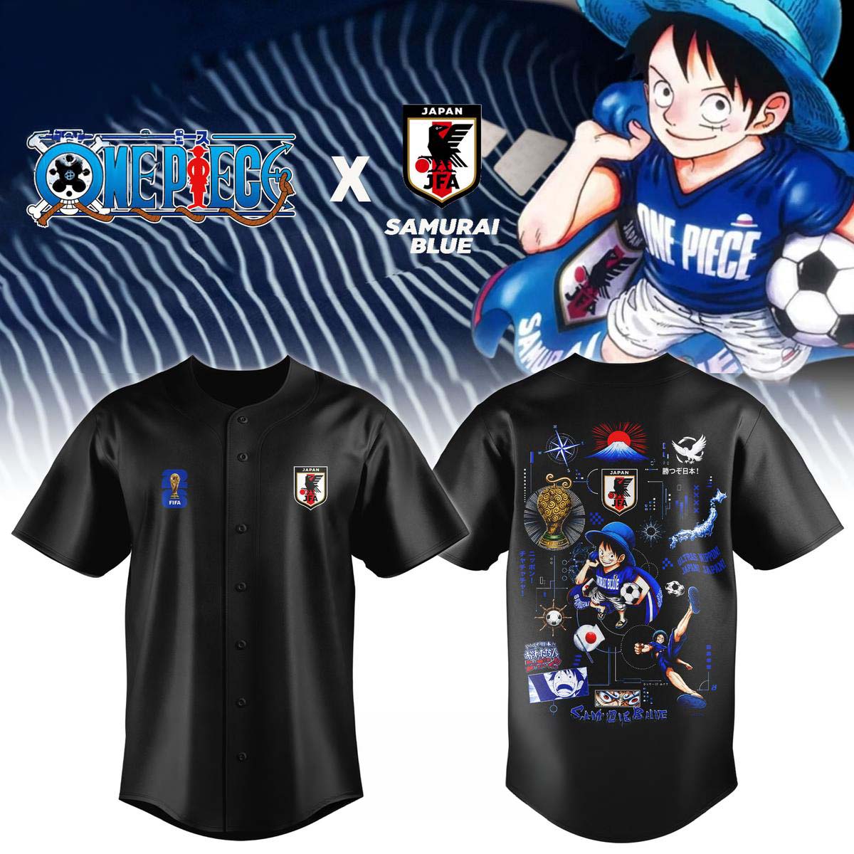 One Piece Luffy Japan Soccer Graphic Black Baseball Jersey Gift for Fans