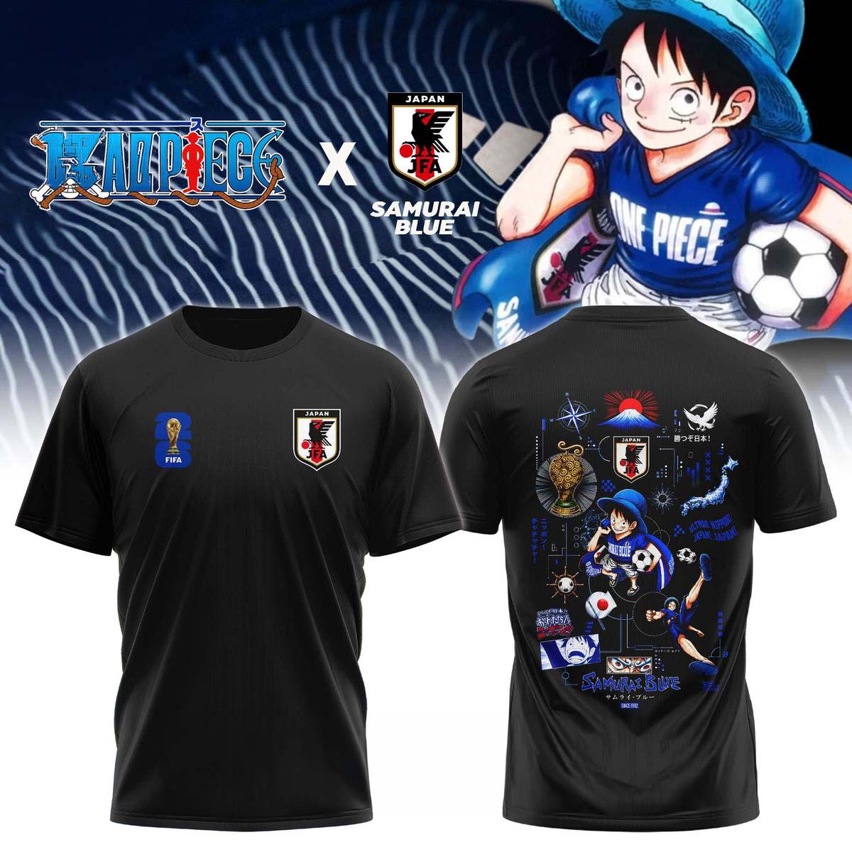 One Piece Luffy Japan Soccer Samurai Blue T-Shirt Best Gift for Fans