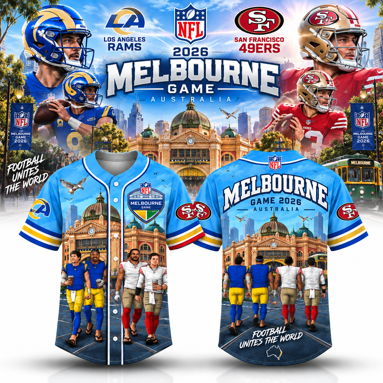 San Francisco 49ers vs Los Angeles Rams NFL Melbourne Game 2026 Merch Jersey 1 - Unicasport San Francisco 49ers vs Los Angeles Rams NFL Melbourne Game 2026 Merch Jersey