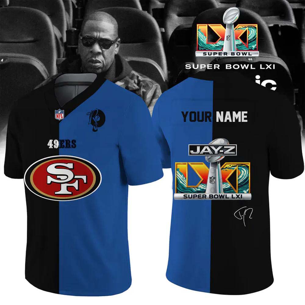 San Francisco 49ers x JayZ Super Bowl LXI Black Blue Split Custom Football Jersey