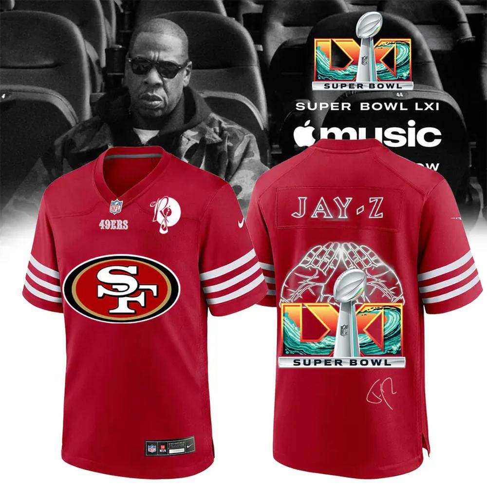 San Francisco 49ers x JayZ Super Bowl LXI Red Victory Hands Football Fan Jersey