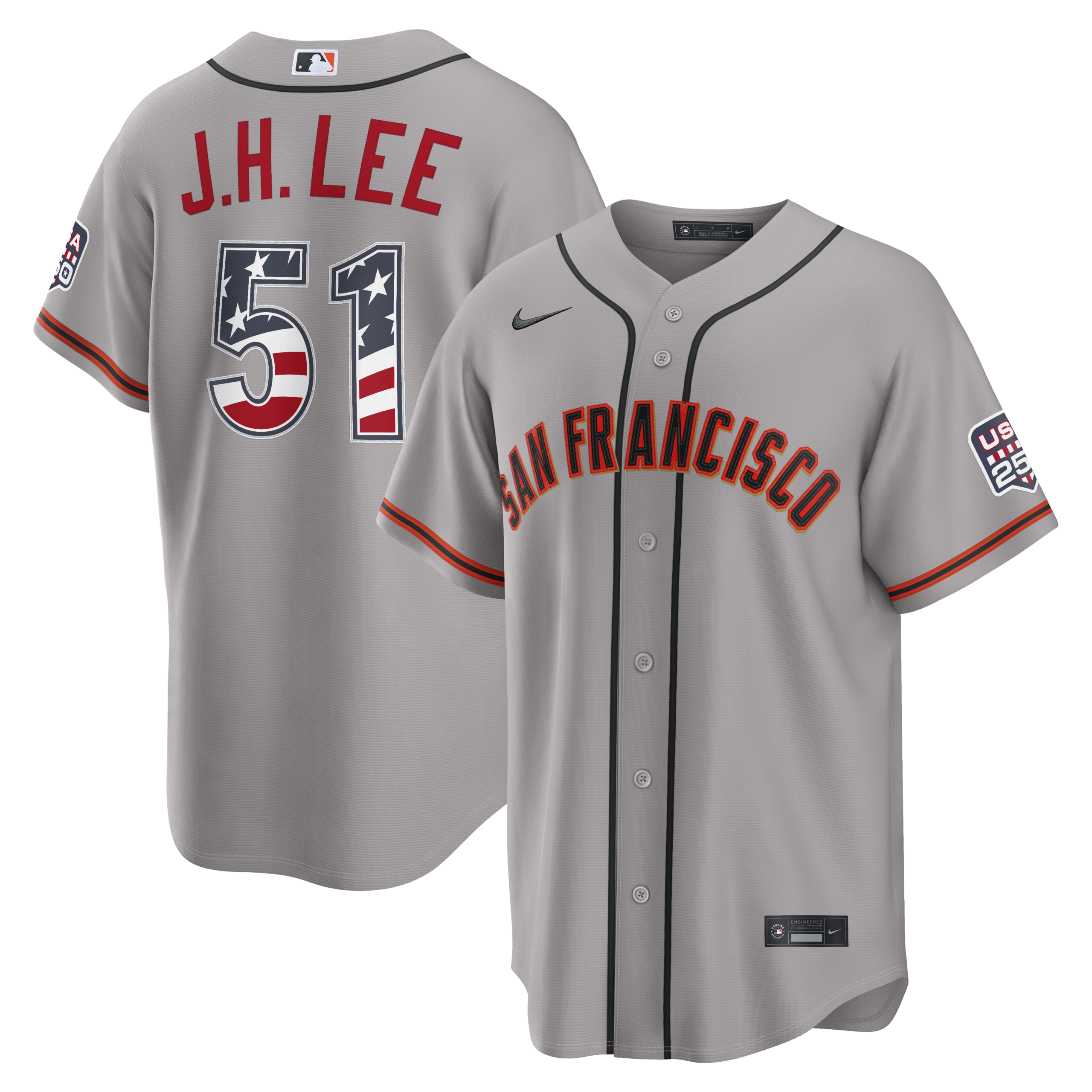 San Francisco Giants Jung Hoo Lee Gray USA 250 Fourth of July Road Baseball Jersey_1