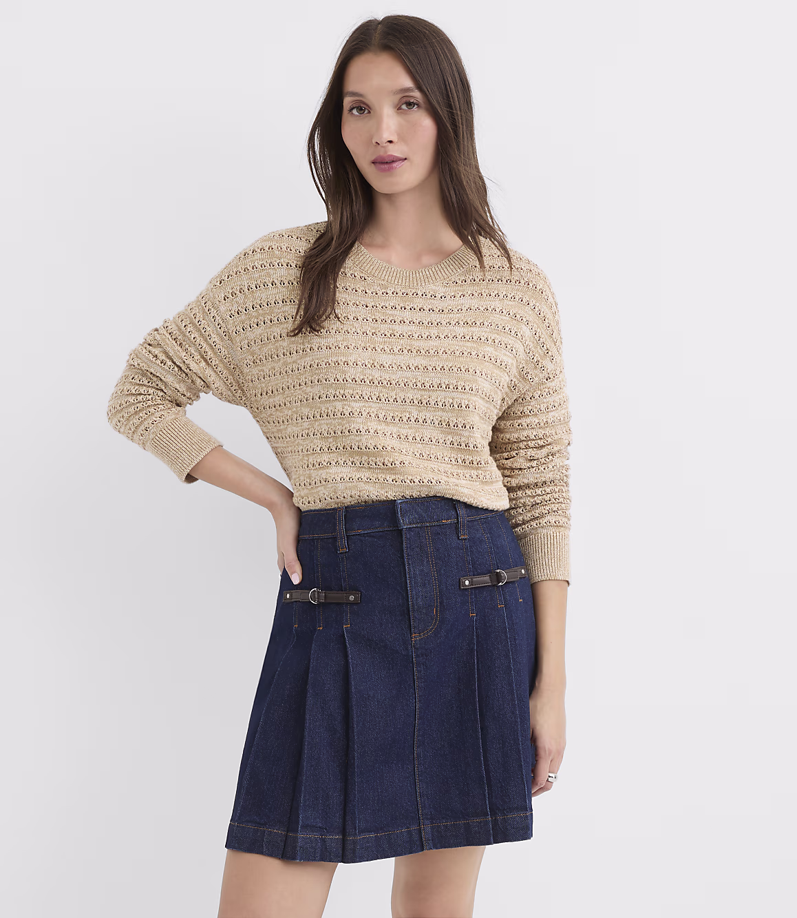 Sand Beige Teeyoulove Virelia Openwork Textured Relaxed Knit Sweater front view