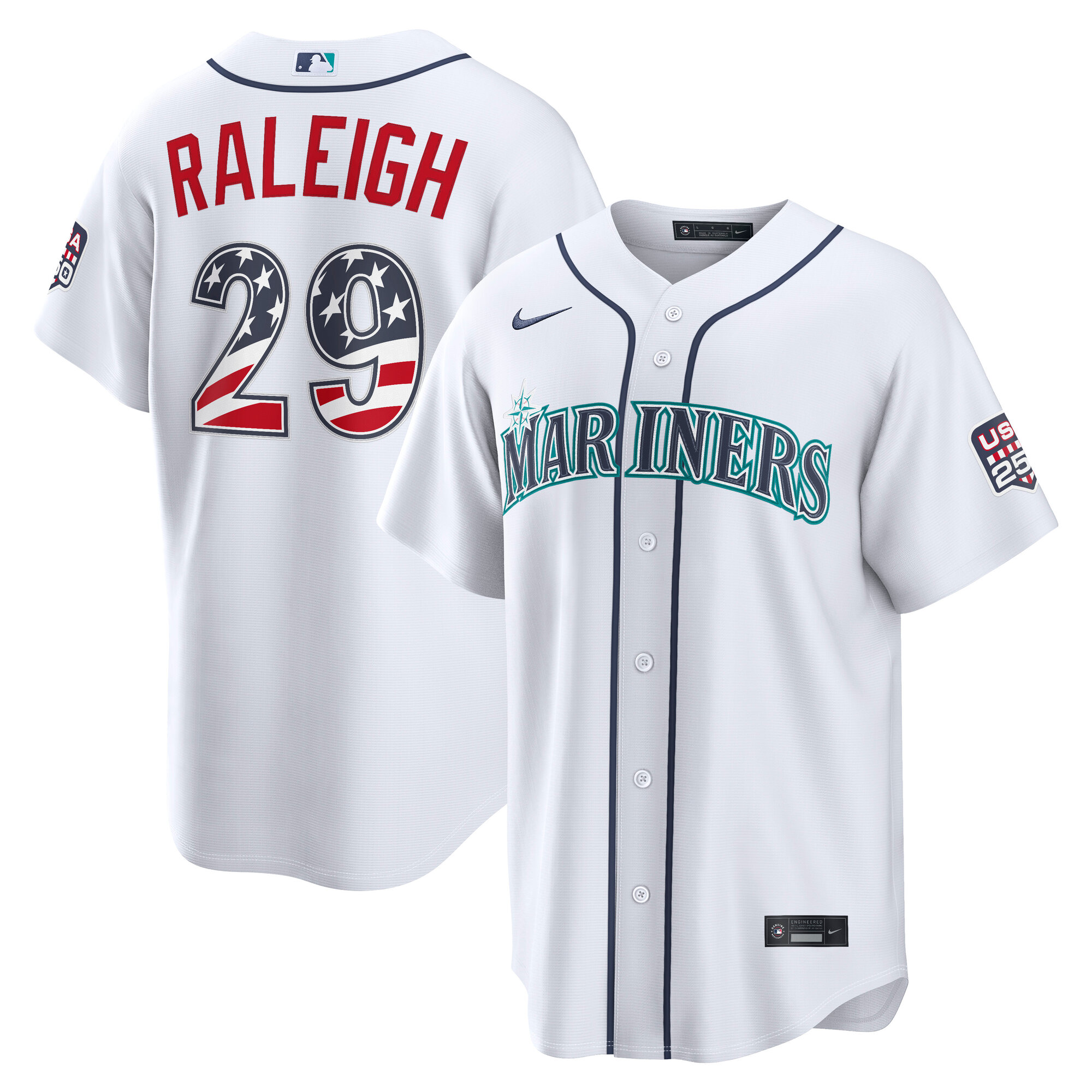 Seattle Mariners Cal Raleigh White USA 250 Fourth of July Home Baseball Jersey_1