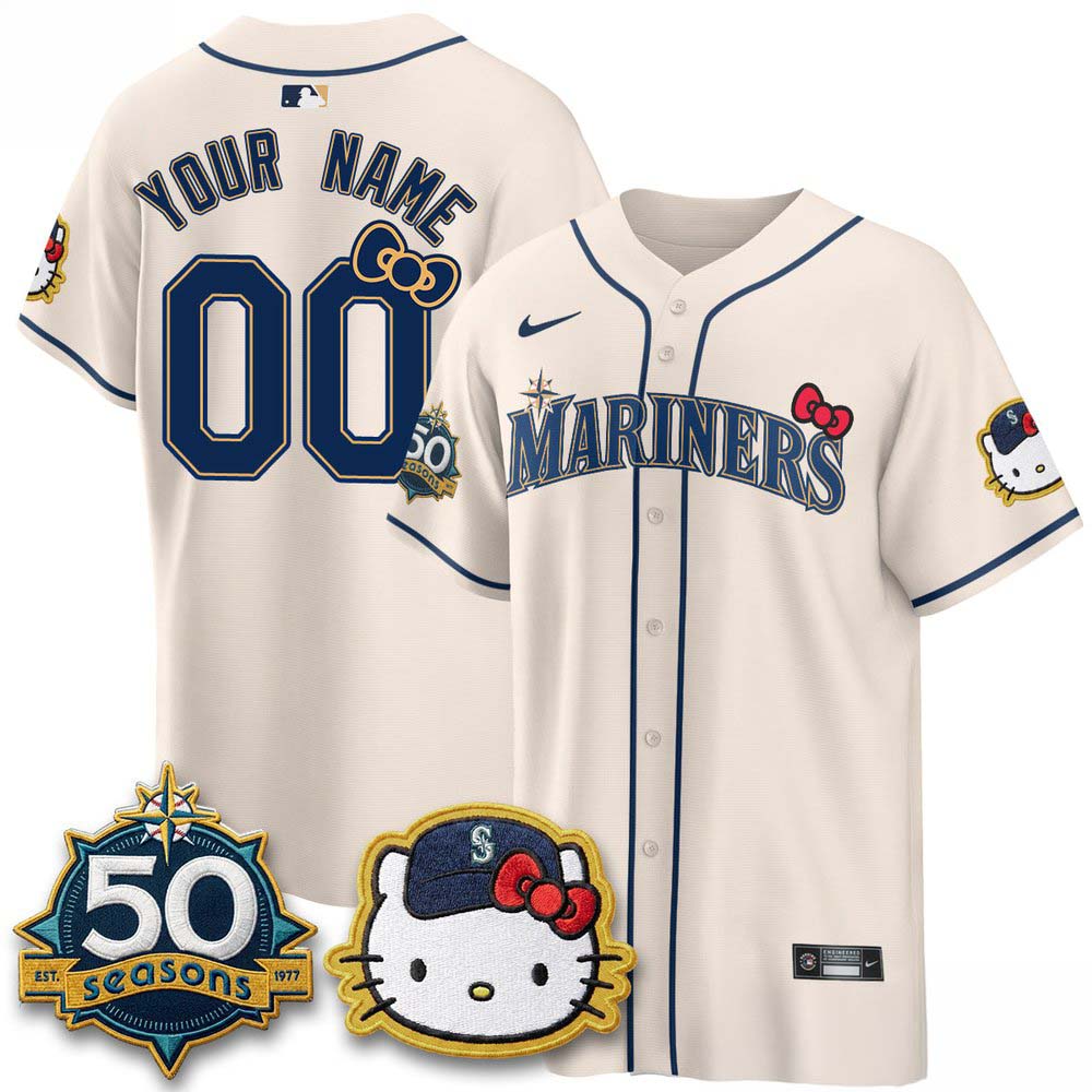 Seattle Mariners x Hello Kitty Night 50 Seasons Cream Custom Baseball Jersey 1 - Unicasport Seattle Mariners x Hello Kitty Night 50 Seasons Cream Custom Baseball Jersey