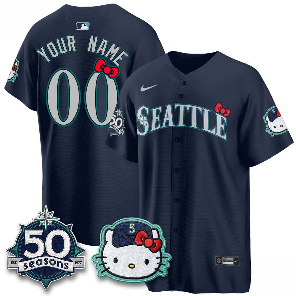 Seattle Mariners x Hello Kitty Night 50 Seasons Navy Custom Baseball Jersey 1 - Unicasport Seattle Mariners x Hello Kitty Night 50 Seasons Navy Custom Baseball Jersey