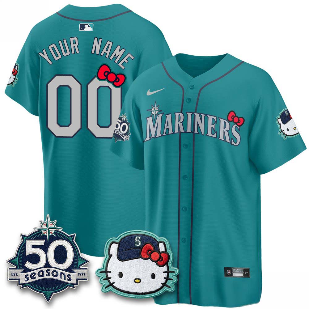 Seattle Mariners x Hello Kitty Night 50 Seasons Teal Custom Baseball Jersey 1 - Unicasport Seattle Mariners x Hello Kitty Night 50 Seasons Teal Custom Baseball Jersey