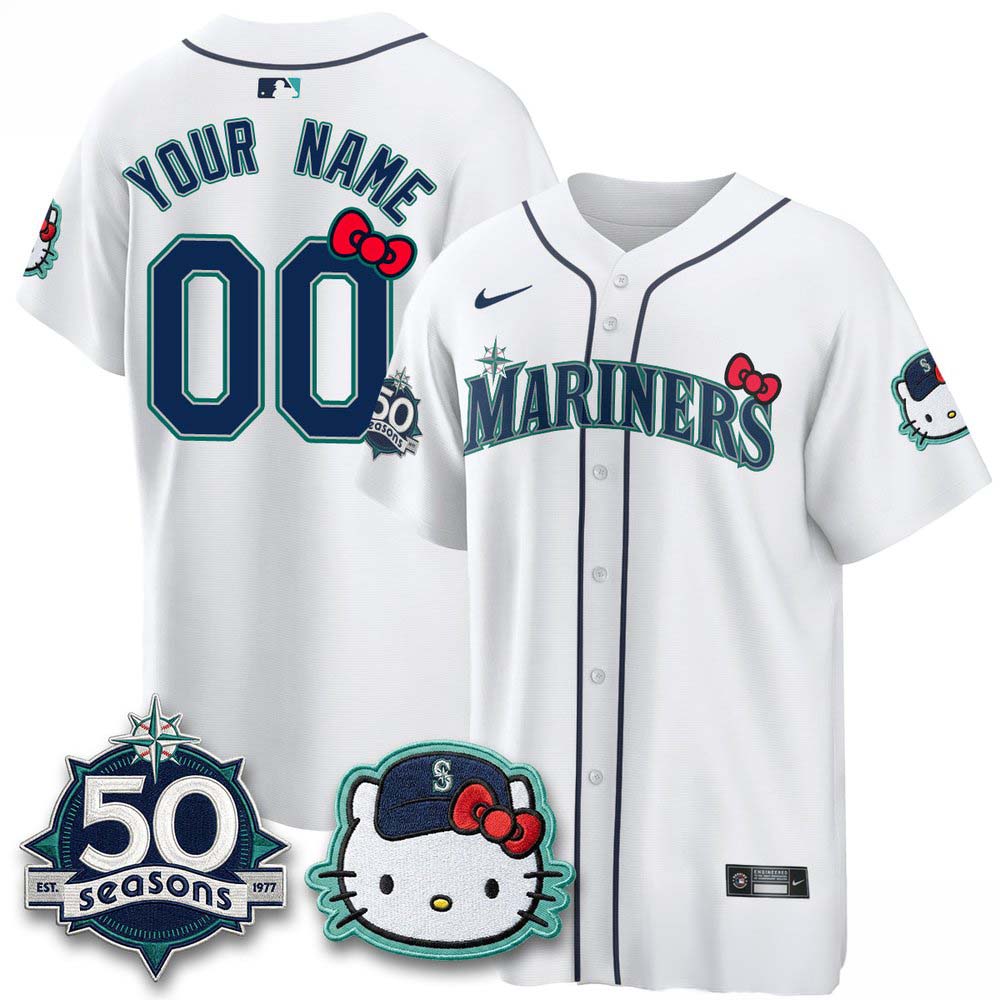 Seattle Mariners x Hello Kitty Night 50 Seasons White Custom Baseball Jersey 1 - Unicasport Seattle Mariners x Hello Kitty Night 50 Seasons White Custom Baseball Jersey