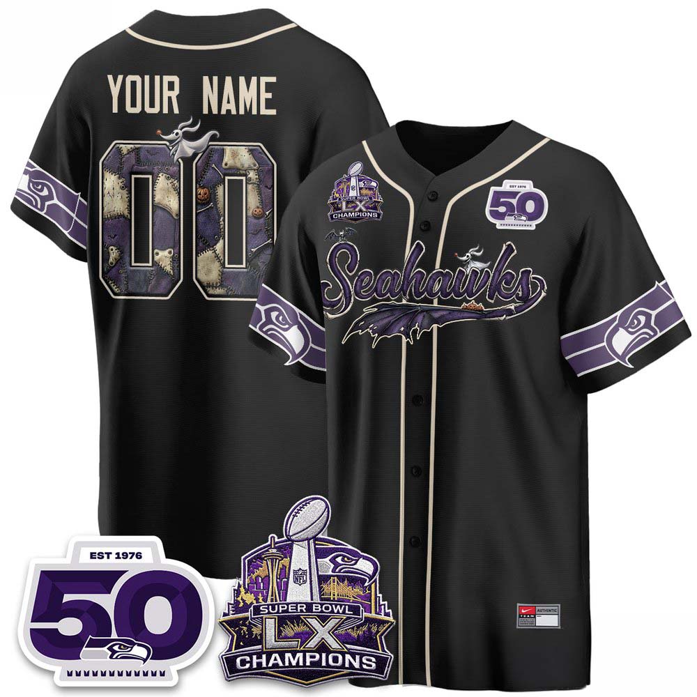 Seattle Seahawks Halloween Nightmare Edition 2026 Black Custom Baseball Jersey 1 - Unicasport Seattle Seahawks Halloween Nightmare Edition 2026 Black Custom Baseball Jersey