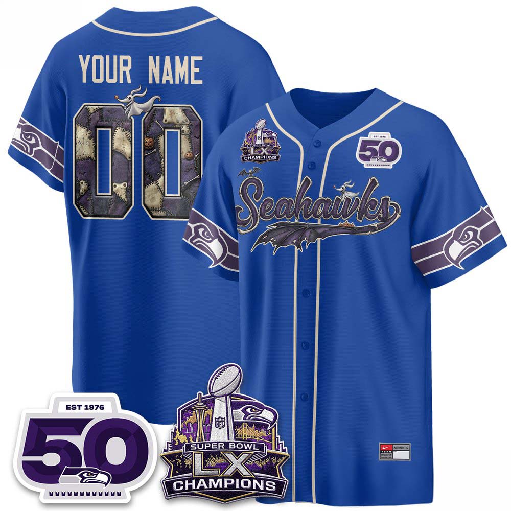 Seattle Seahawks Halloween Nightmare Edition 2026 Blue Custom Baseball Jersey 2 - Unicasport Seattle Seahawks Halloween Nightmare Edition 2026 Blue Custom Baseball Jersey