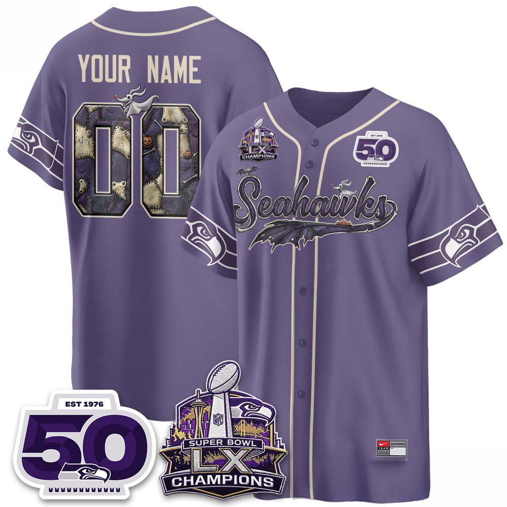 Seattle Seahawks Halloween Nightmare Edition 2026 Purple Custom Baseball Jersey 1 - Unicasport Seattle Seahawks Halloween Nightmare Edition 2026 Purple Custom Baseball Jersey