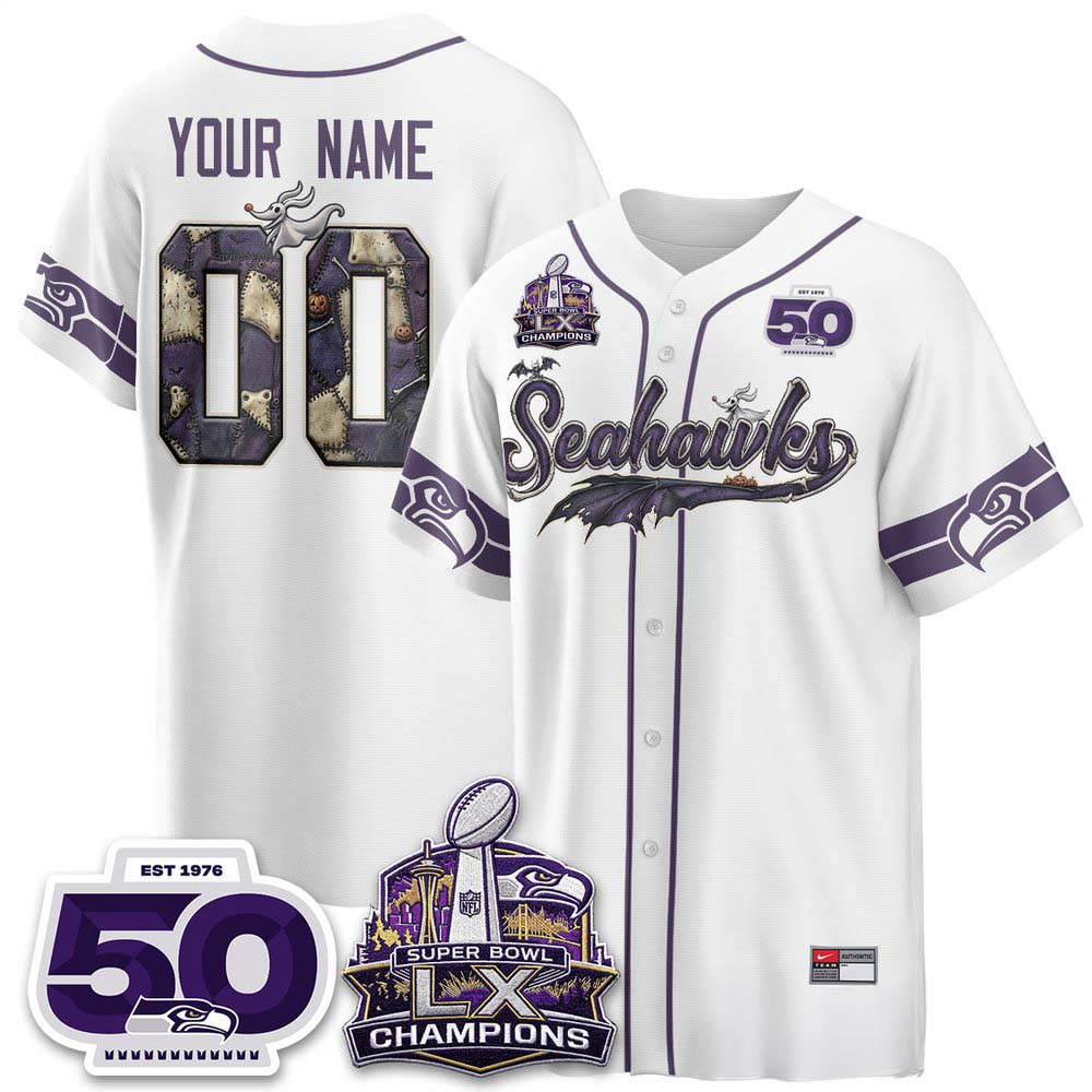 Seattle Seahawks Halloween Nightmare Edition 2026 White Custom Baseball Jersey 1 - Unicasport Seattle Seahawks Halloween Nightmare Edition 2026 White Custom Baseball Jersey