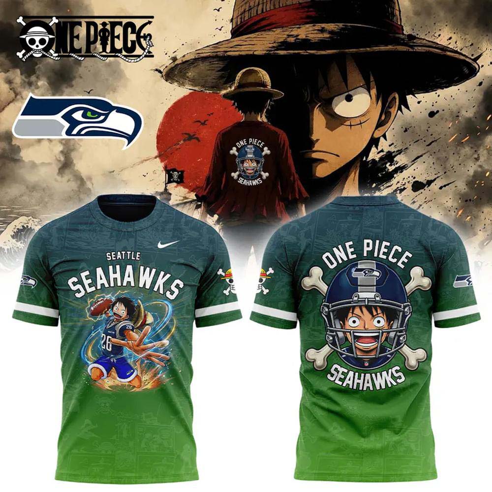 Seattle Seahawks x One Piece 2026 Green Luffy Anime Football Graphic T Shirt