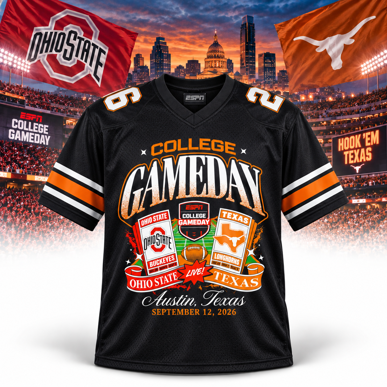 Sep 12 2026 Ohio State Buckeyes vs Texas Longhorns College GameDay Jersey Merch 2 - Unicasport Sep 12 2026 Ohio State Buckeyes vs Texas Longhorns College GameDay Jersey Merch