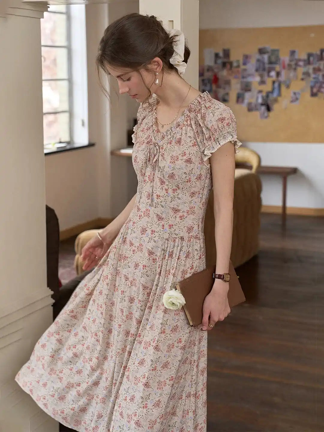 Seraphic Good Stylists Ivory Pink Floral Print V-Neck Puff Sleeve Midi Dress