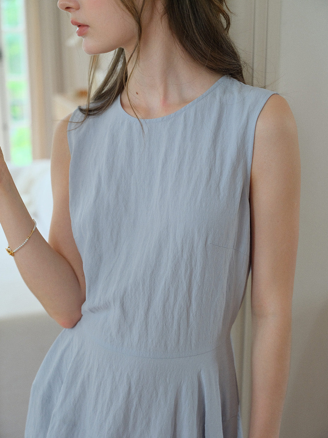 Serendipity Dusty Blue Sleeveless Round Neck Minimalist Midi Dress Good Stylists