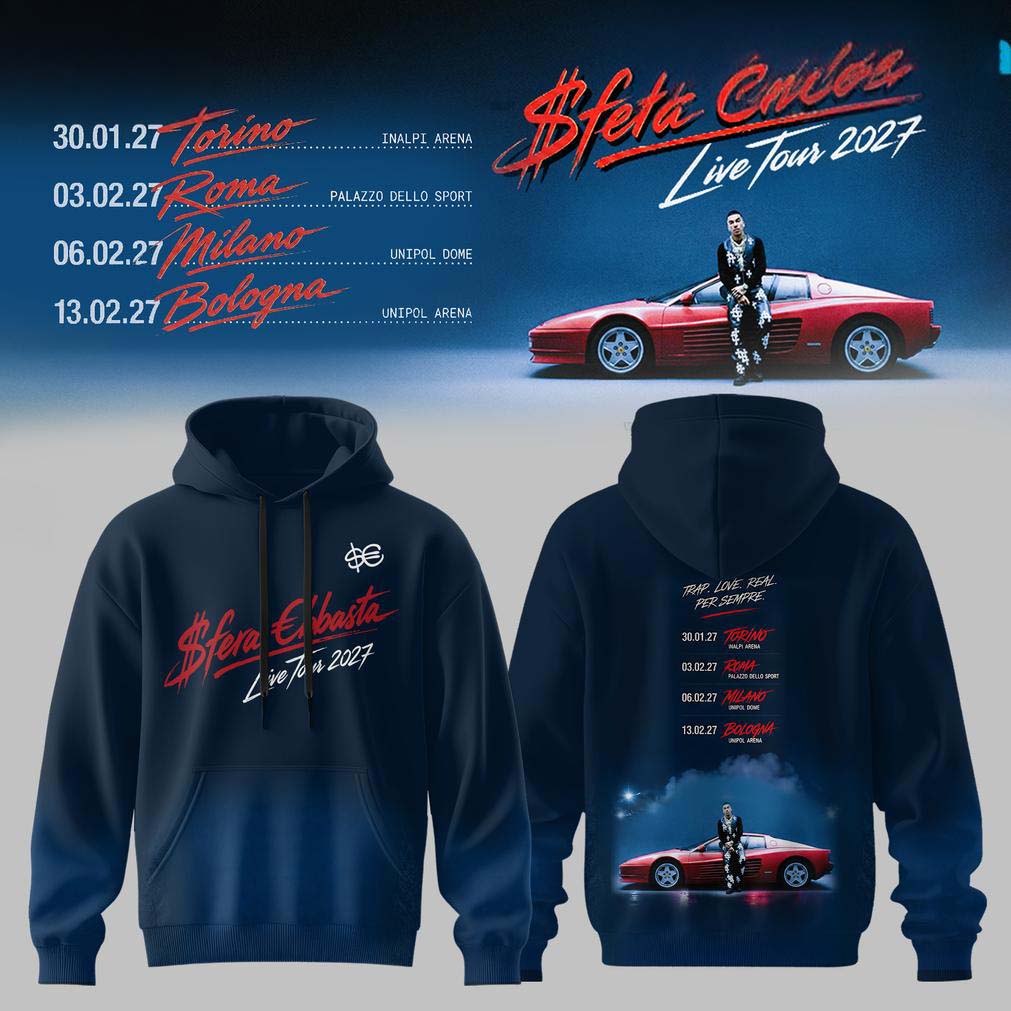 Sfera Ebbasta Live Tour 2027 Blue Hoodie - Official Concert Merchandise Gift Idea