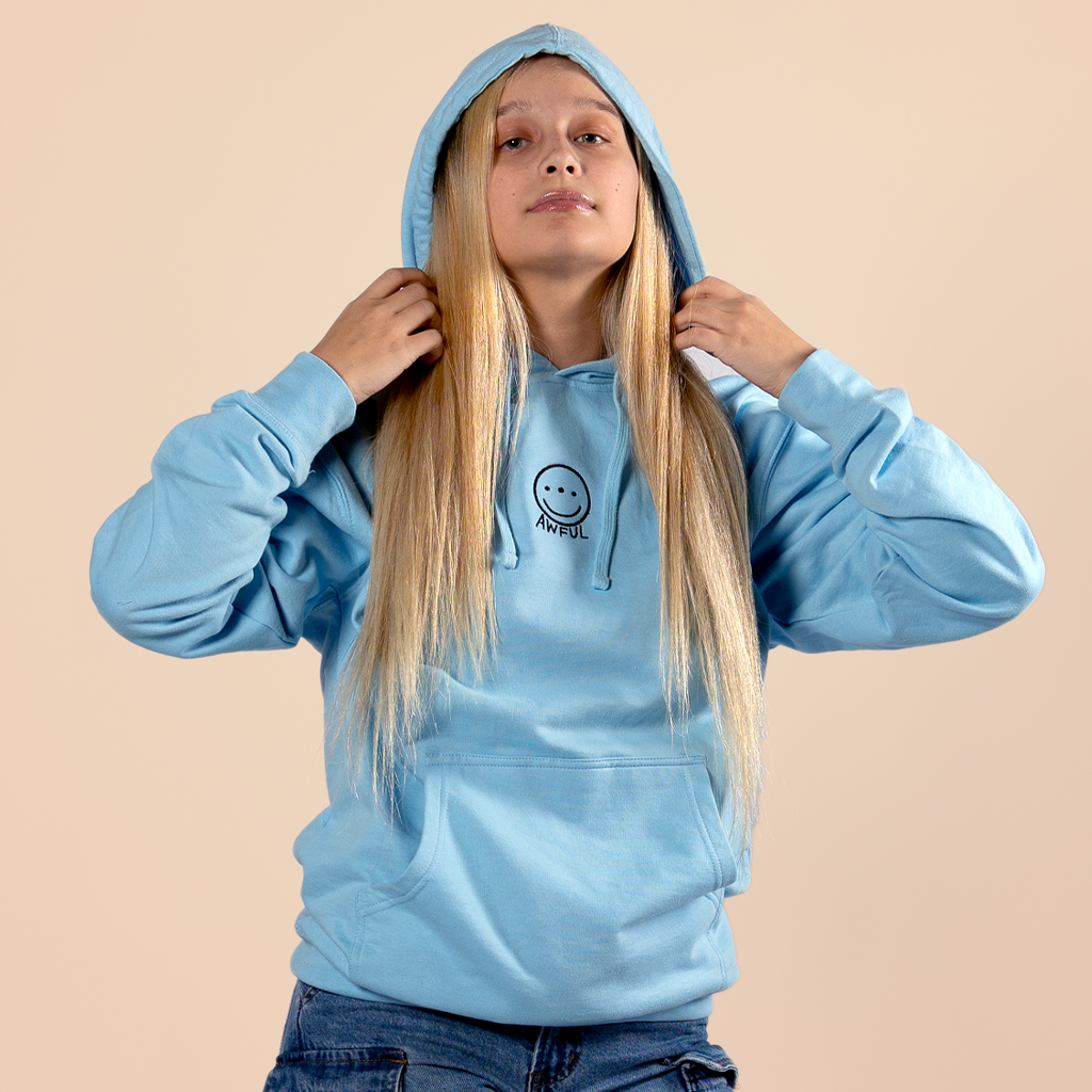 Sky Blue Awful Smiley Essential Hoodie - Soft Cotton Blend