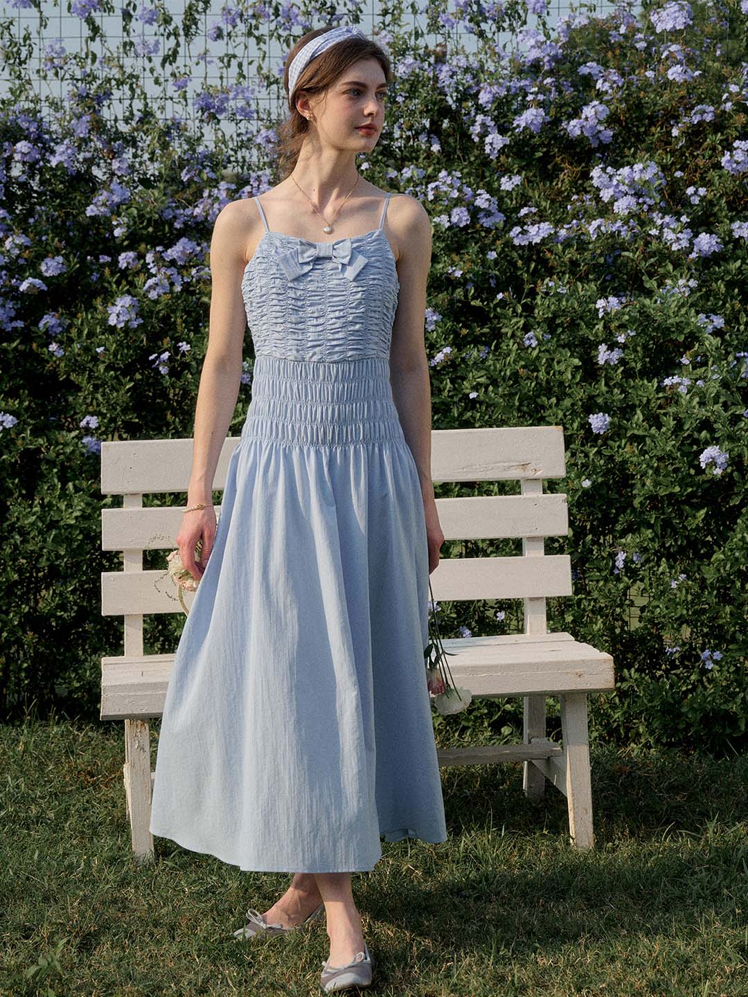 Sky Blue Good Stylists Nebula Smocked Bodice Flared Midi Summer Vacation Dress