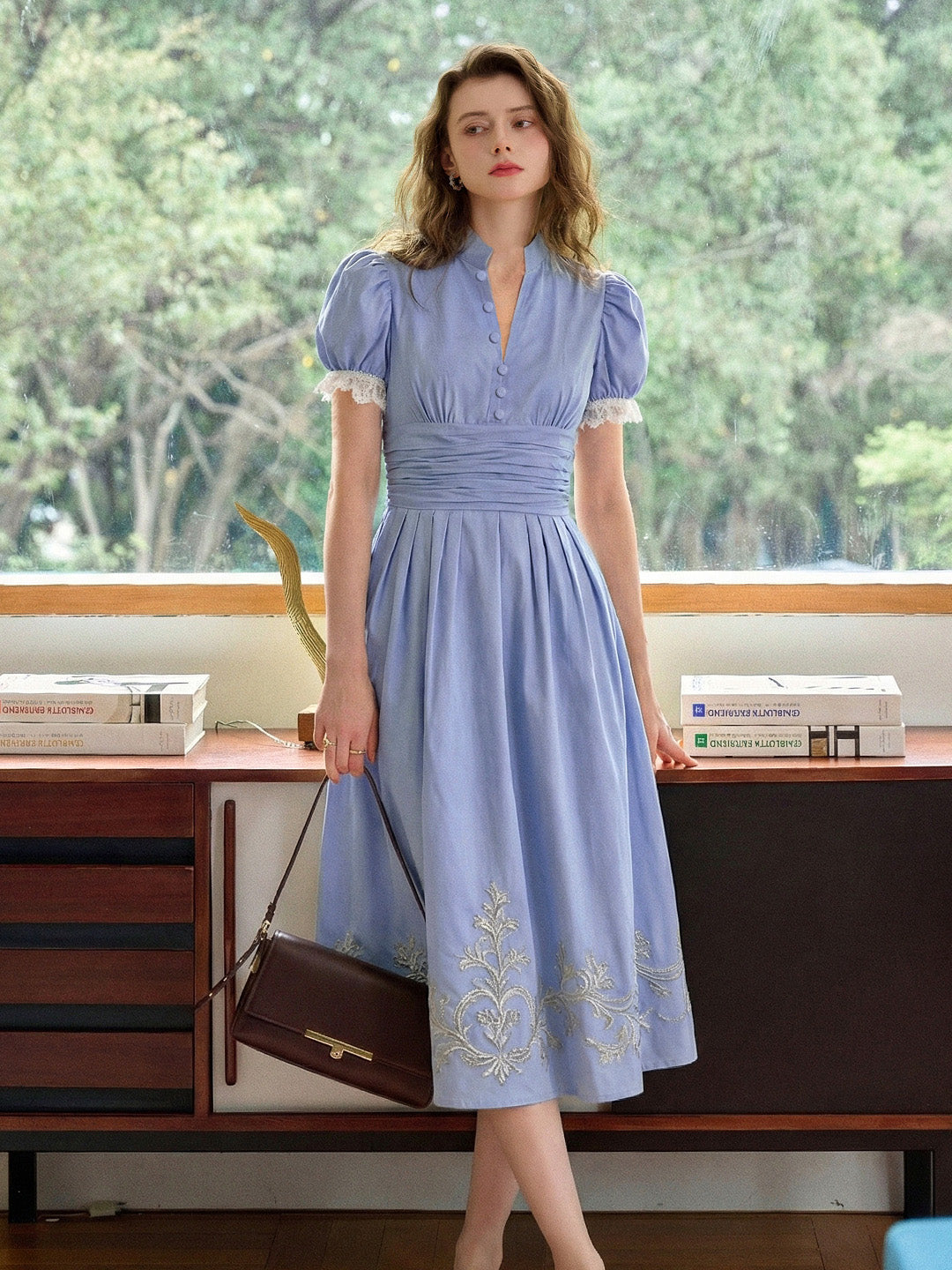 Sky Blue Puff Sleeve Ephemeral Good Stylists V-Neck Cotton Flowy Gown