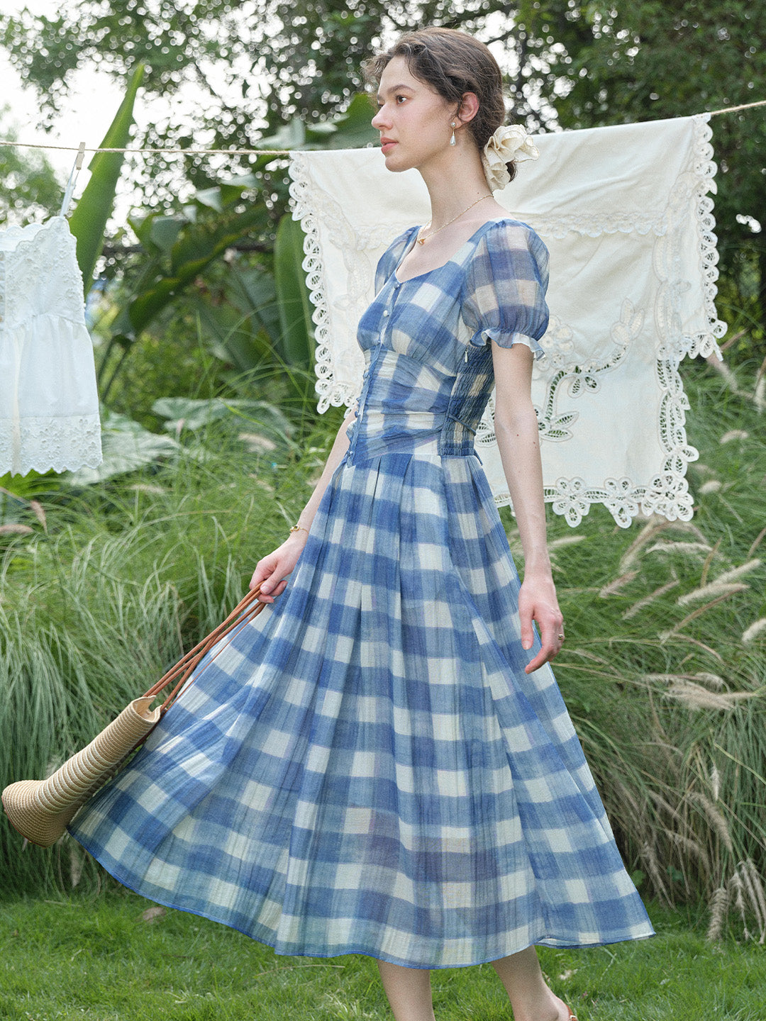 Sky Blue White Susurrus Plaid Sweetheart Puff Sleeve Flared Dress Good Stylists