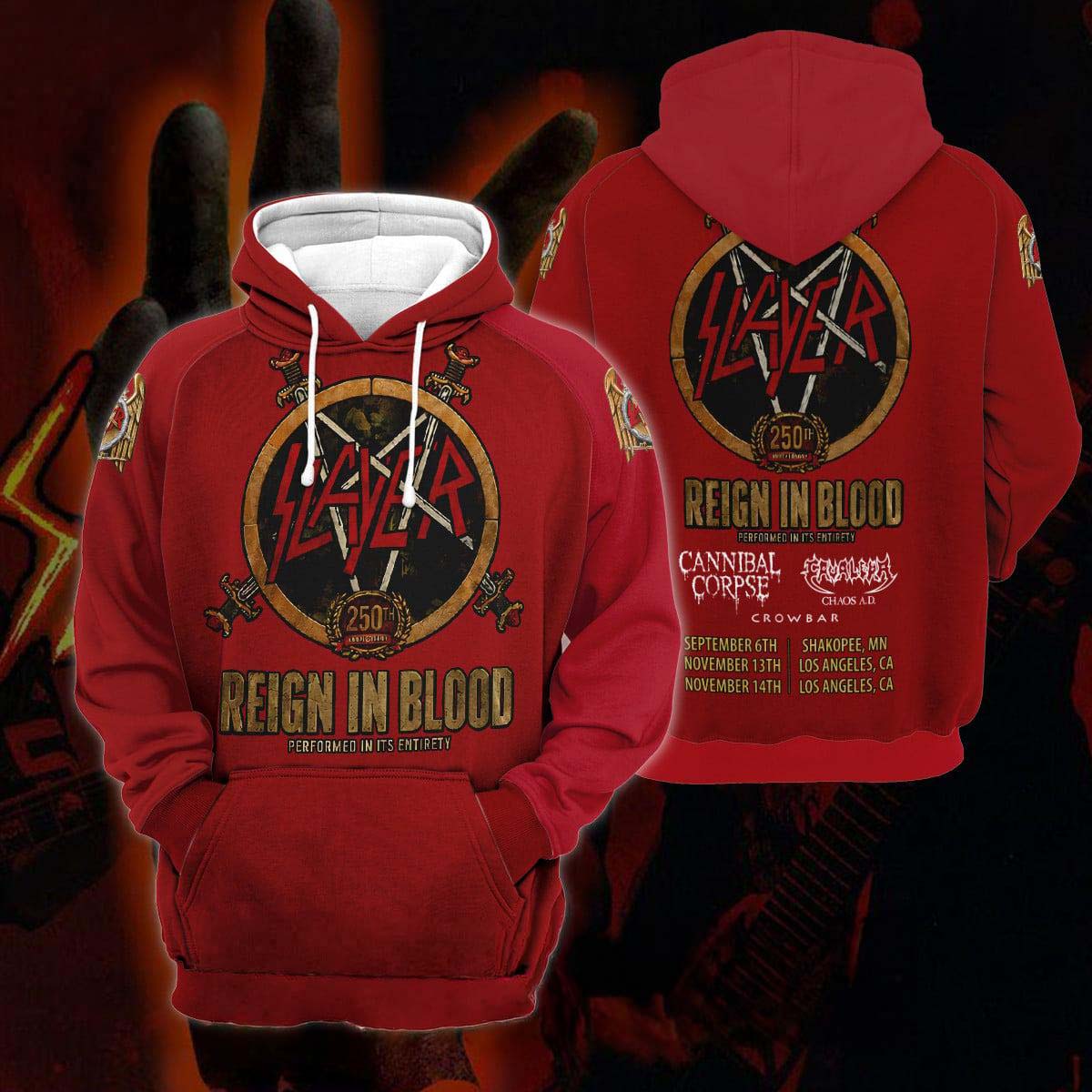 Slayer Reign in Blood 40th Anniversary Red Graphic Hoodie - Perfect Heavy Metal Gift Idea