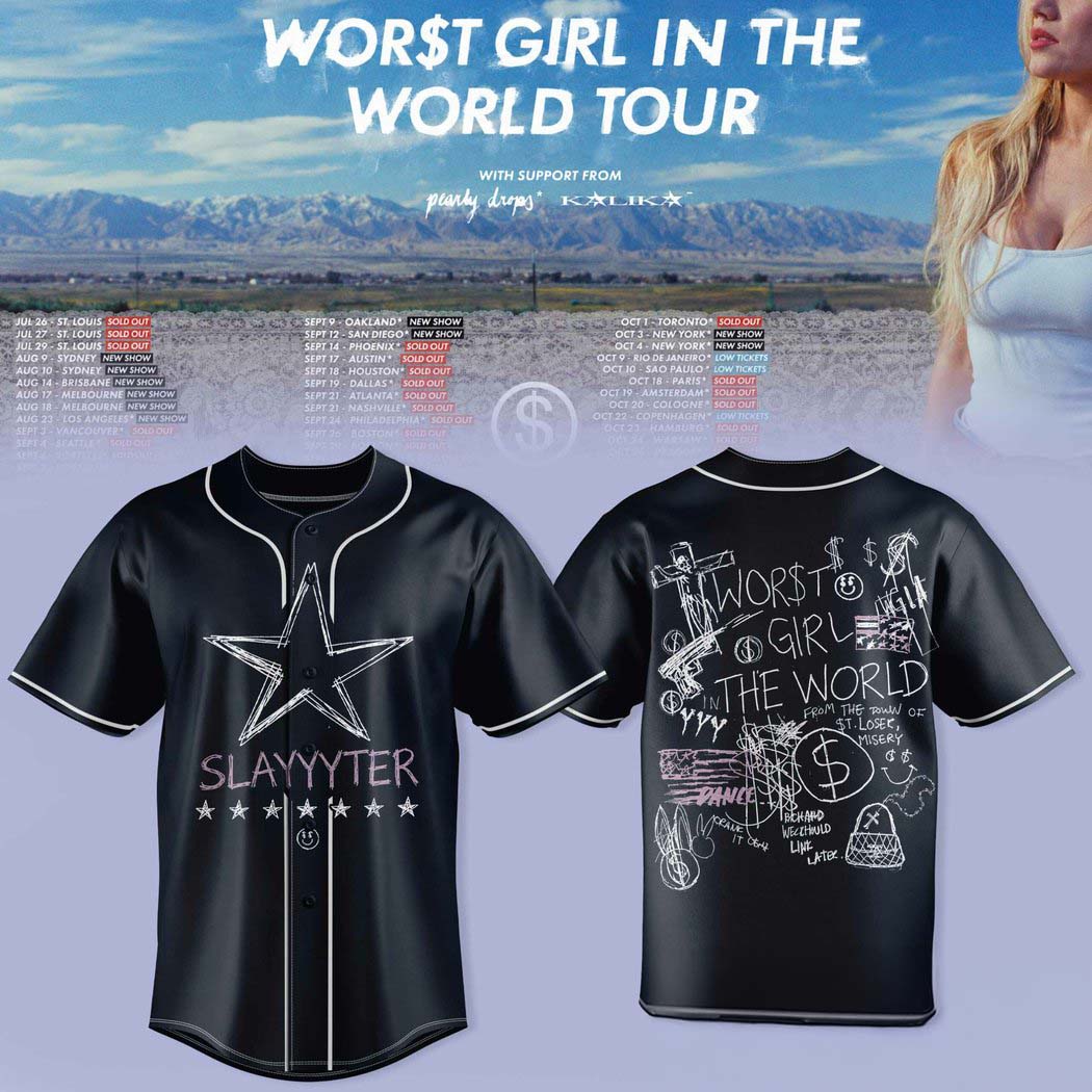 Slayyyter Worst Girl In The World Tour Black Graphic Baseball Jersey 1 - Unicasport Slayyyter Worst Girl In The World Tour Black Graphic Baseball Jersey