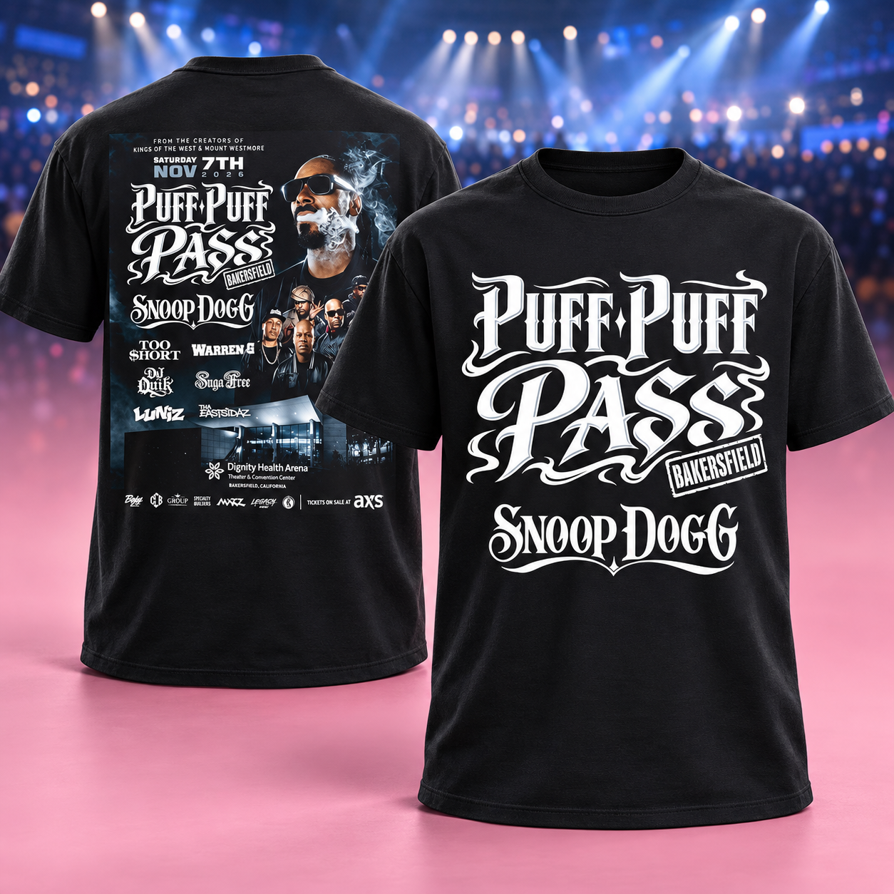 Snoop Dogg Puff Puff Pass Bakersfield 2026 At Dignity Health Arena On Nov 7 2026 Two Sided TShirt