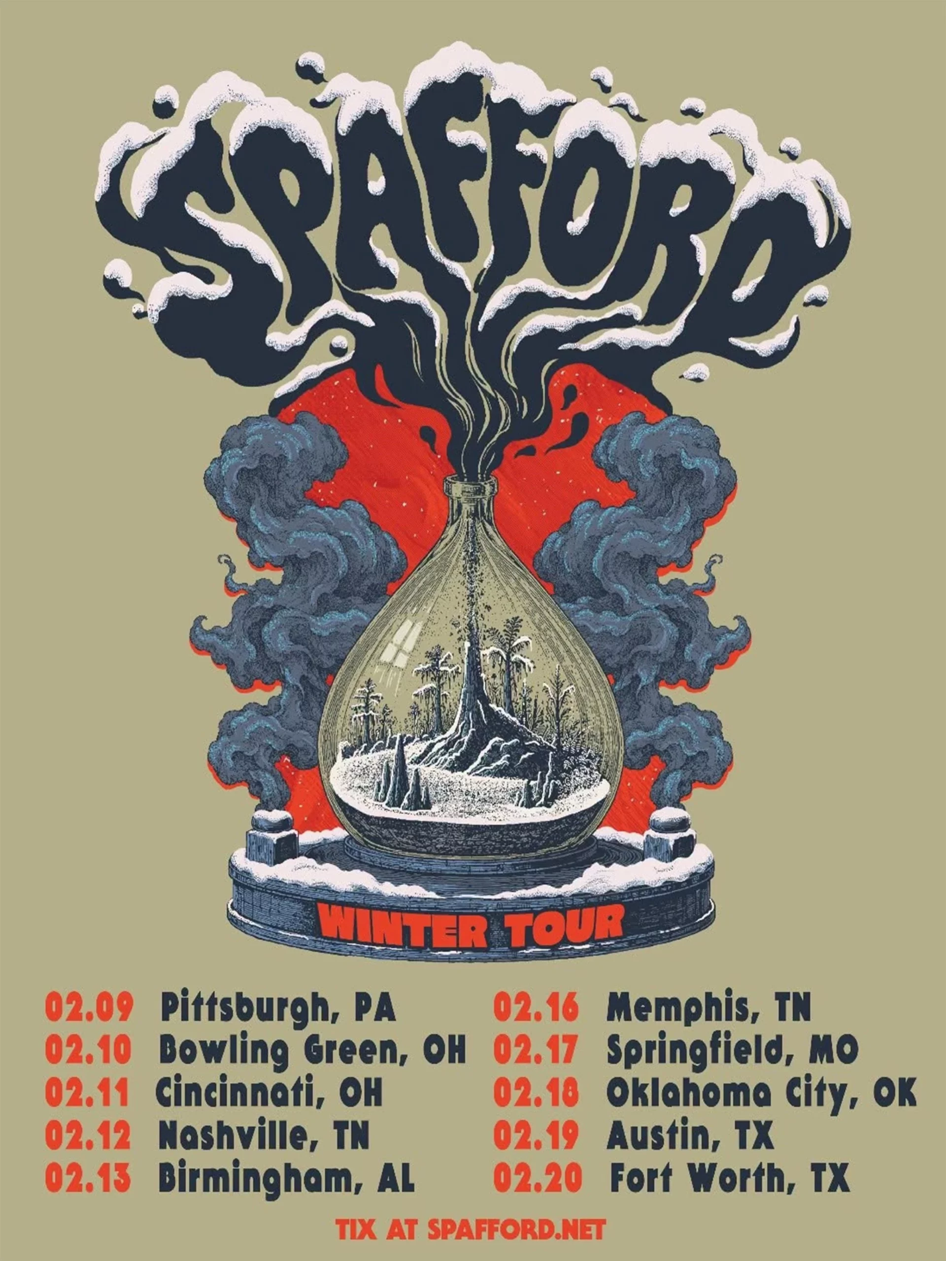 Spafford Winter Tour Feb 2026 Glass Terrarium Landscape Graphic Pittsburgh PA to Fort Worth TX Concert Dates Poster