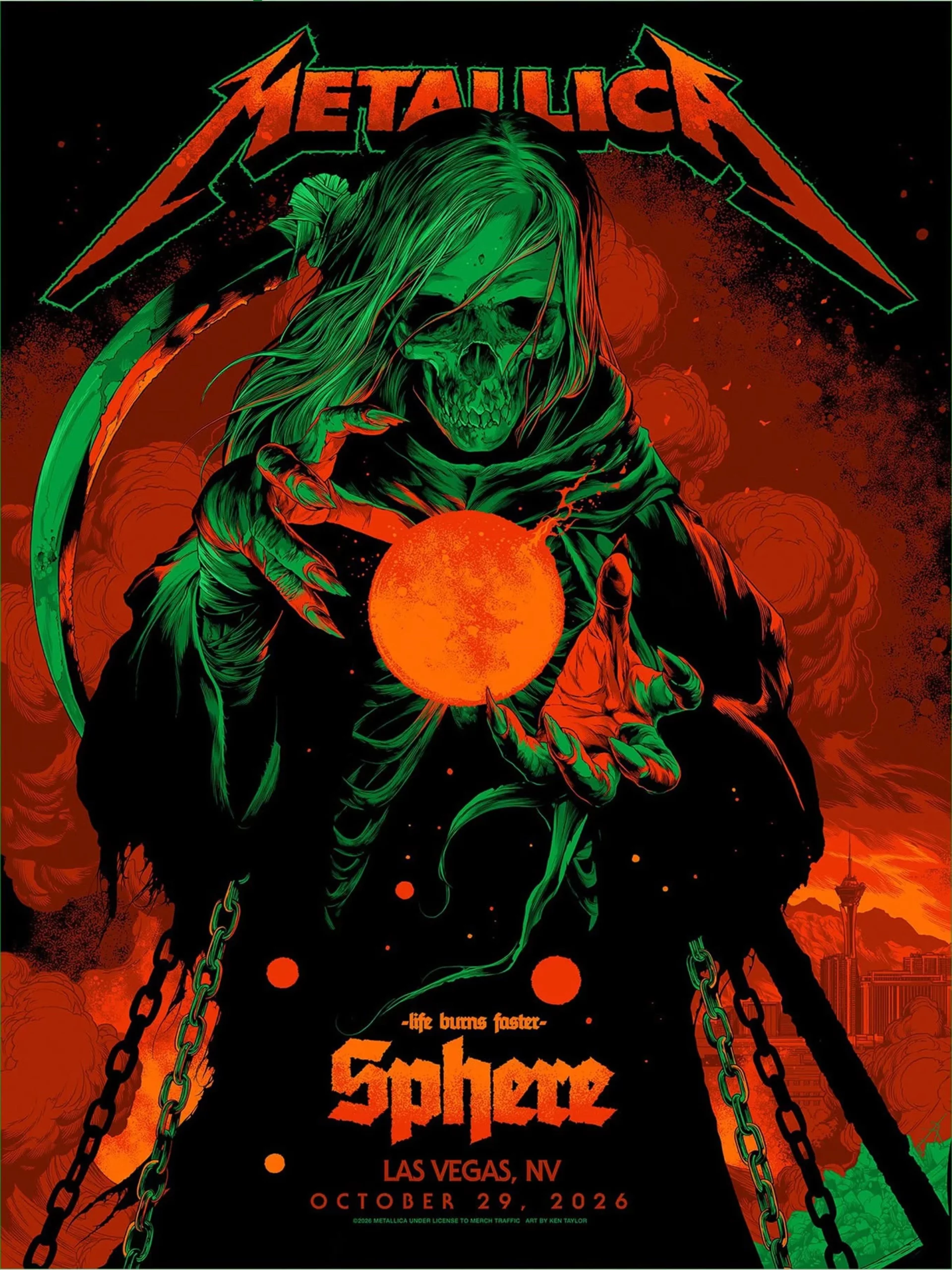 Sphere Las Vegas Metallica October 29 2026 Grim Reaper Holding Burning Orange Sun Long Haired Skull Green Cloak Hanging Chains Red Smoke Rock Concert Poster