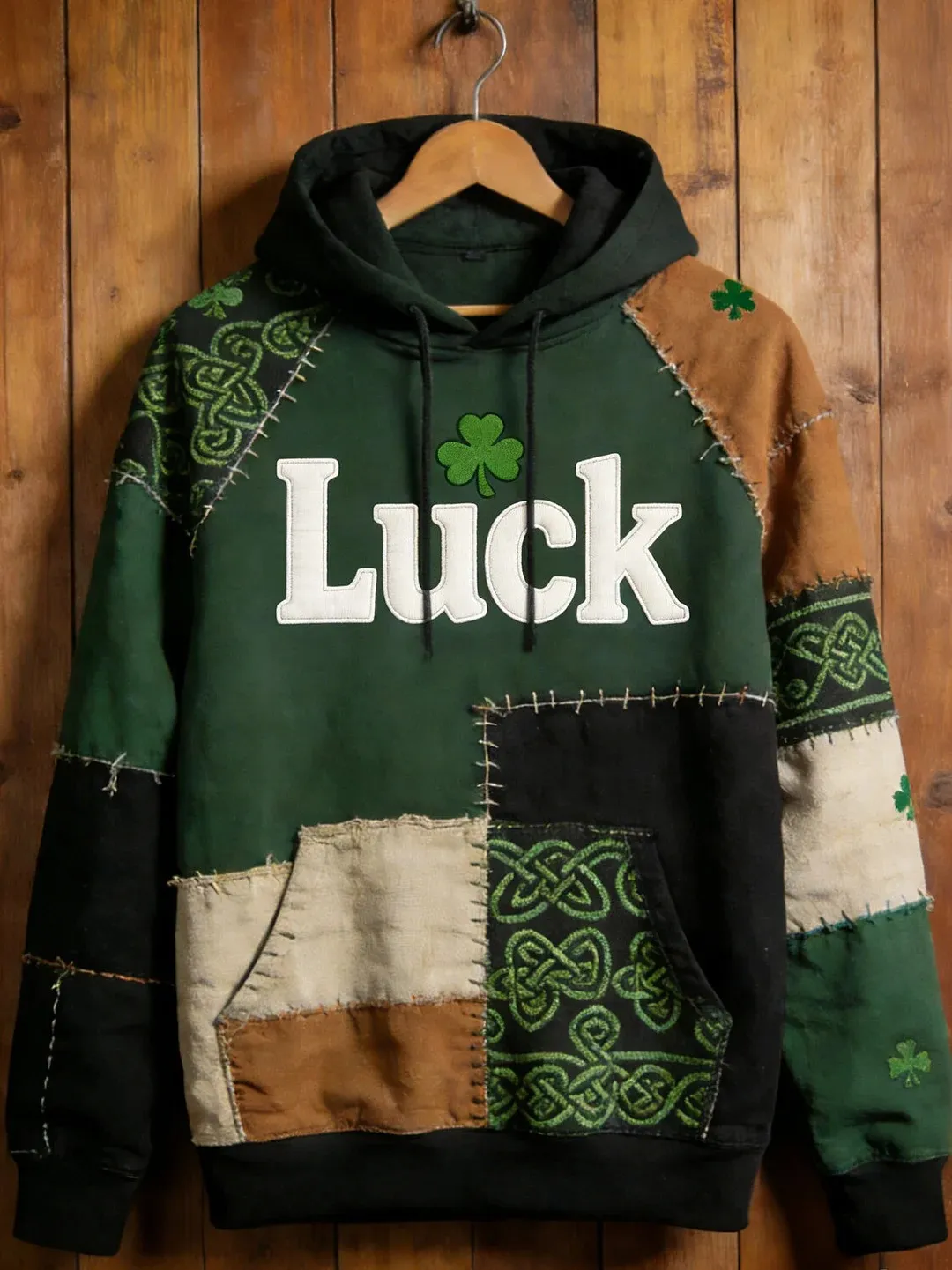 St Patricks Day Celtic Knot Lucky Shamrock Patchwork Graphic Hoodie Irish Gift For Men Merch 2026