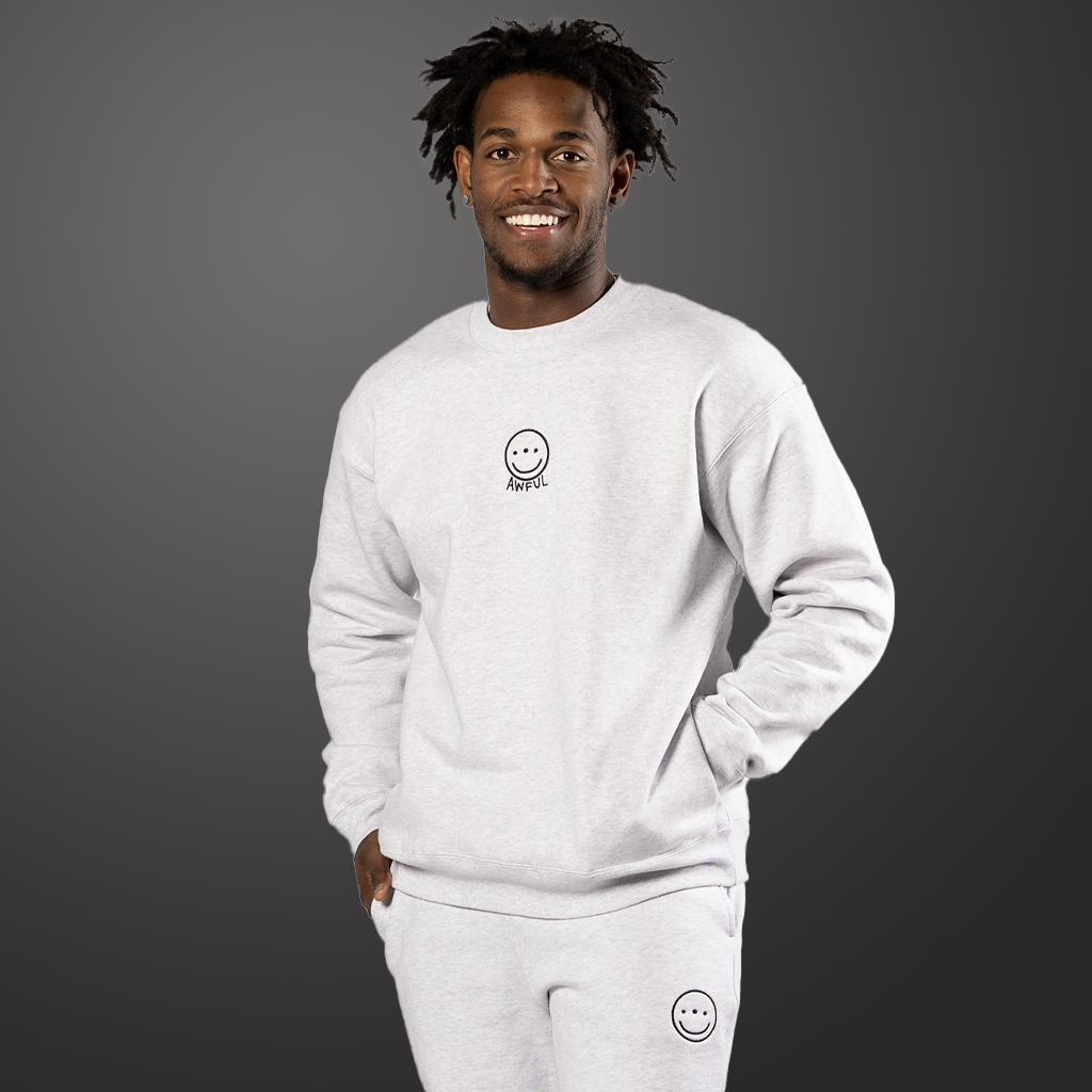 Steel Grey Smiley Face Crewneck - Awful Cloth Comfort Series
