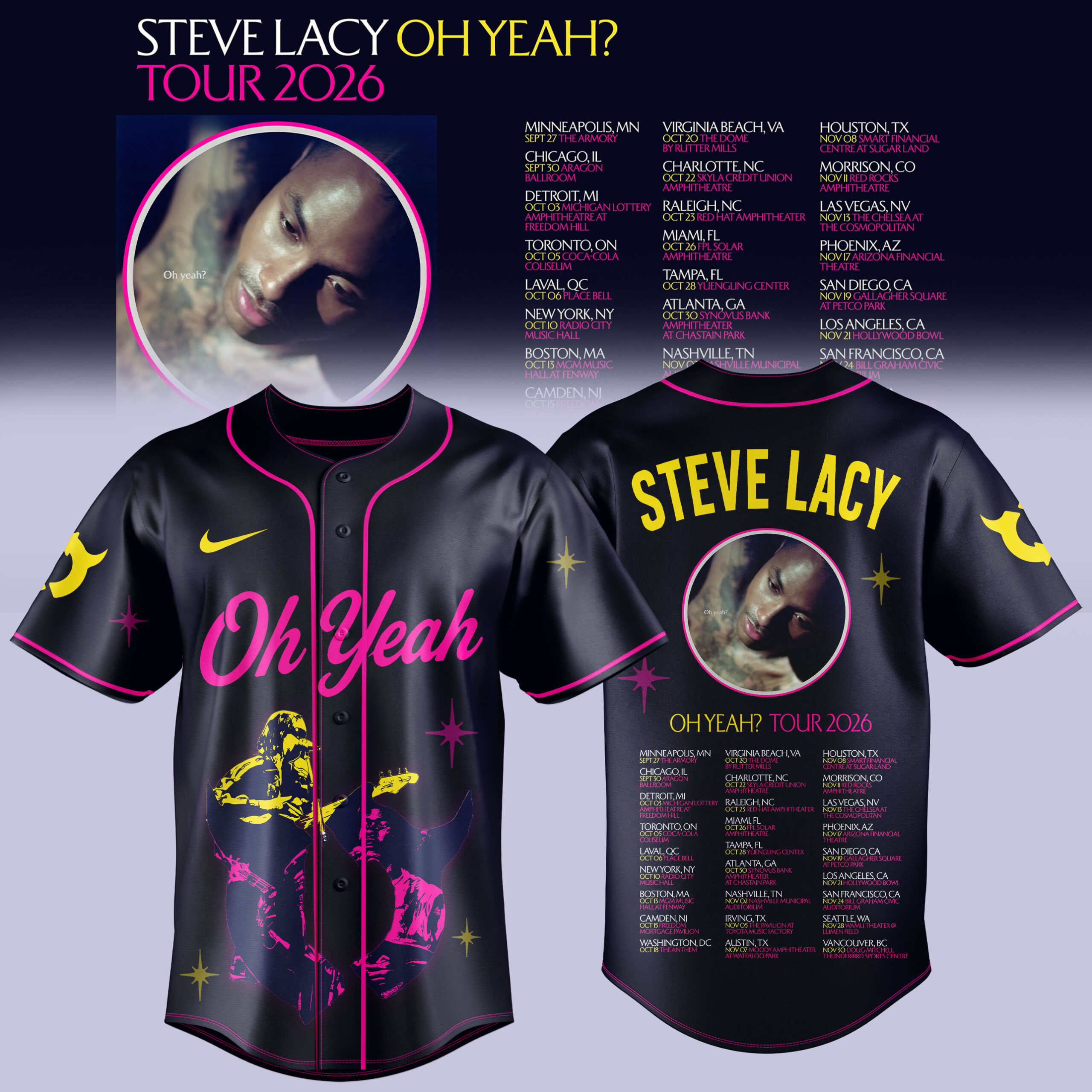 Steve Lacy Oh Yeah Tour 2026 Black Baseball Jersey 1 - Unicasport Steve Lacy Oh Yeah Tour 2026 Black Baseball Jersey