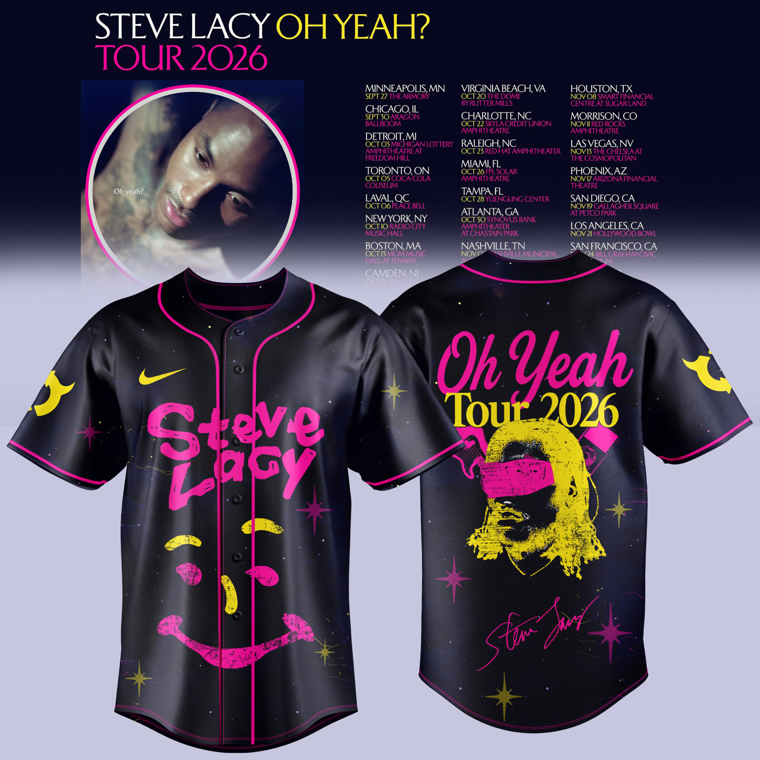 Steve Lacy Oh Yeah Tour 2026 Graphic Black Baseball Jersey 1 - Unicasport Steve Lacy Oh Yeah Tour 2026 Graphic Black Baseball Jersey