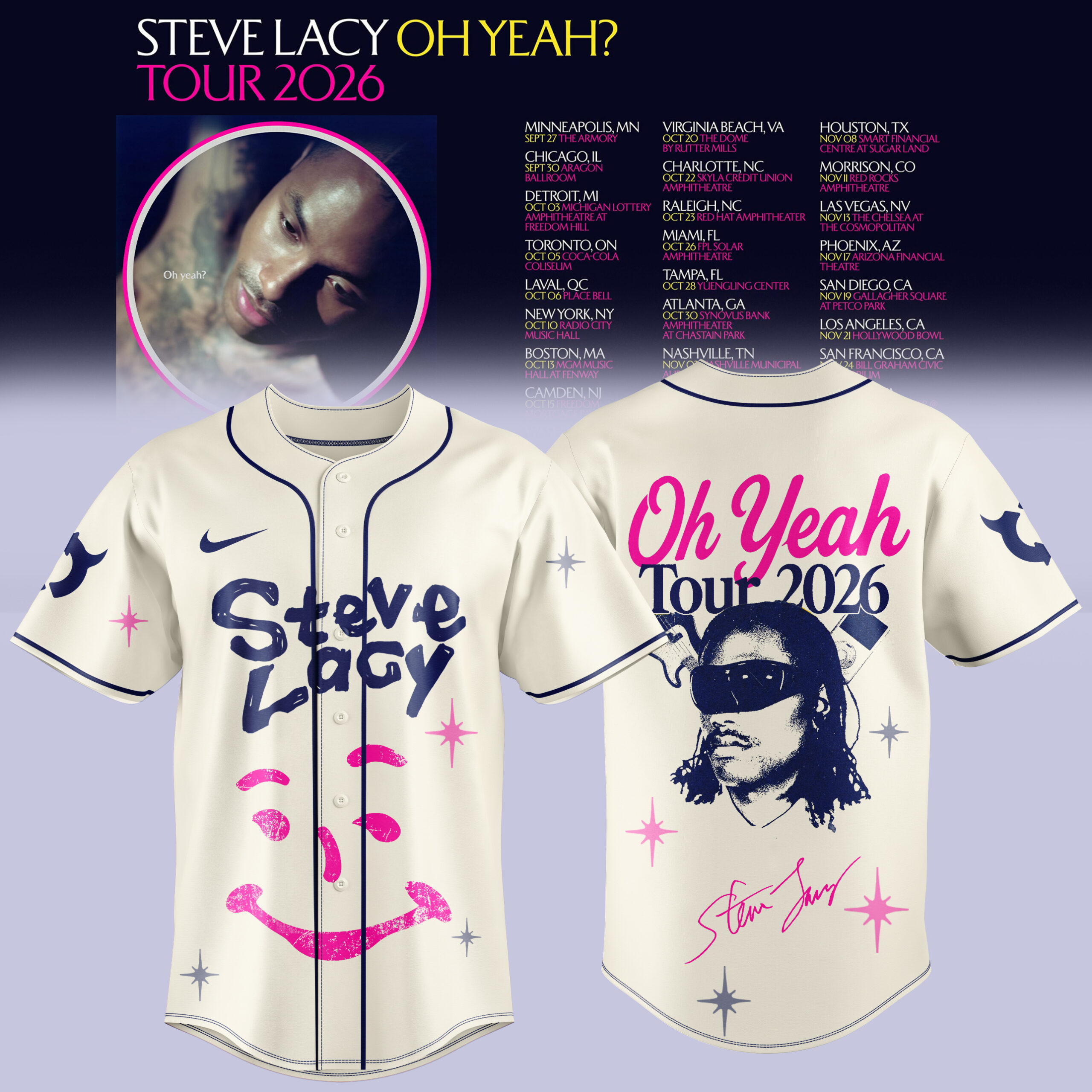 Steve Lacy Oh Yeah Tour 2026 Graphic White Baseball Jersey 1 - Unicasport Steve Lacy Oh Yeah Tour 2026 Graphic White Baseball Jersey