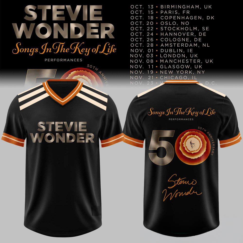 Stevie Wonder Songs In The Key Of Life 50th Anniversary US Tour 50th Emblem Black Football Jersey 1 - Unicasport Stevie Wonder Songs In The Key Of Life 50th Anniversary US Tour 50th Emblem Black Football Jersey