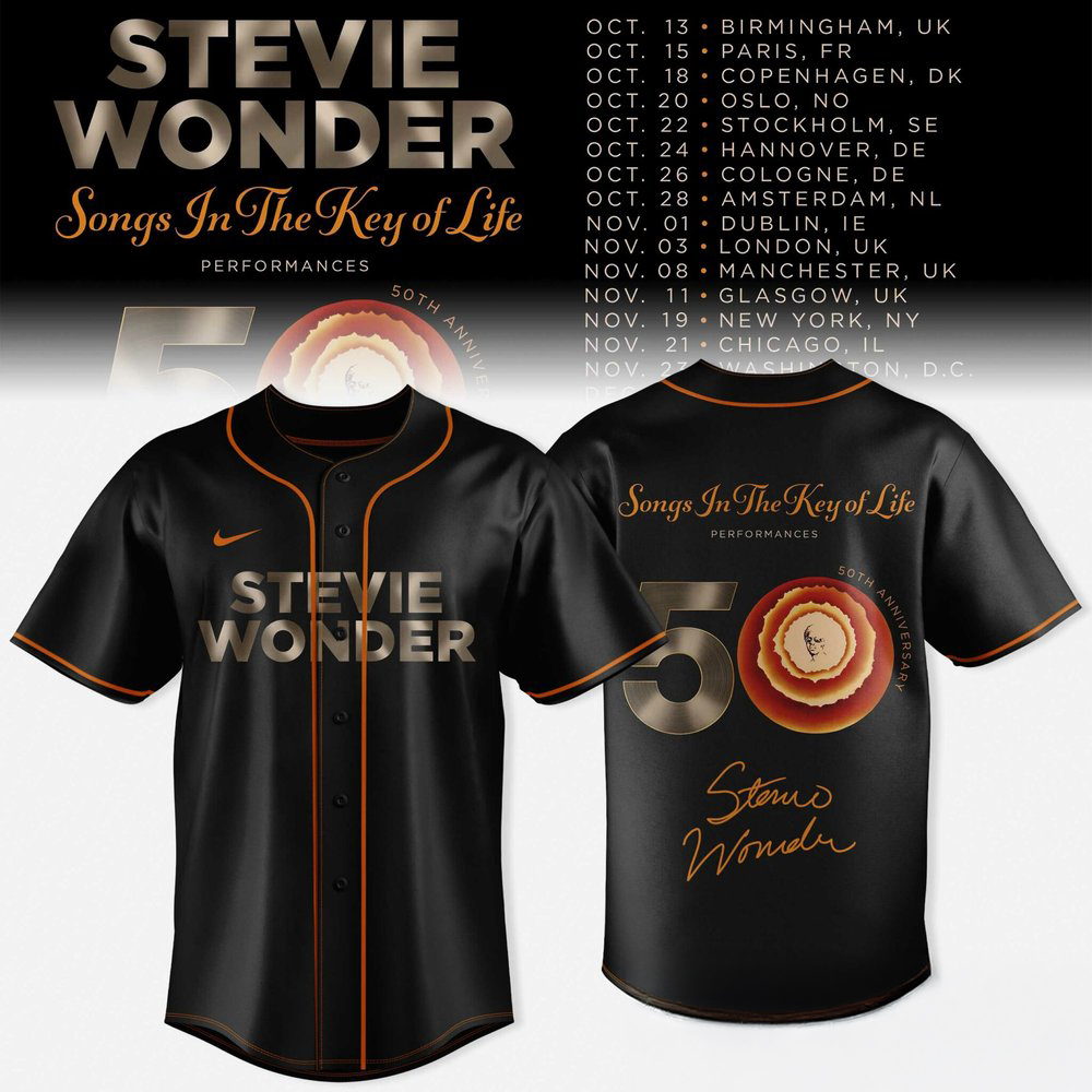 Stevie Wonder Songs In The Key Of Life 50th Anniversary US Tour 50th Logo Black Baseball Jersey 1 - Unicasport Stevie Wonder Songs In The Key Of Life 50th Anniversary US Tour 50th Logo Black Baseball Jersey