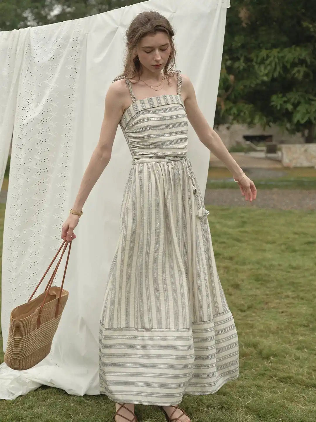 Striped Spaghetti Strap Tiered Maxi Gown Good Stylists Warm Tan Syzygy